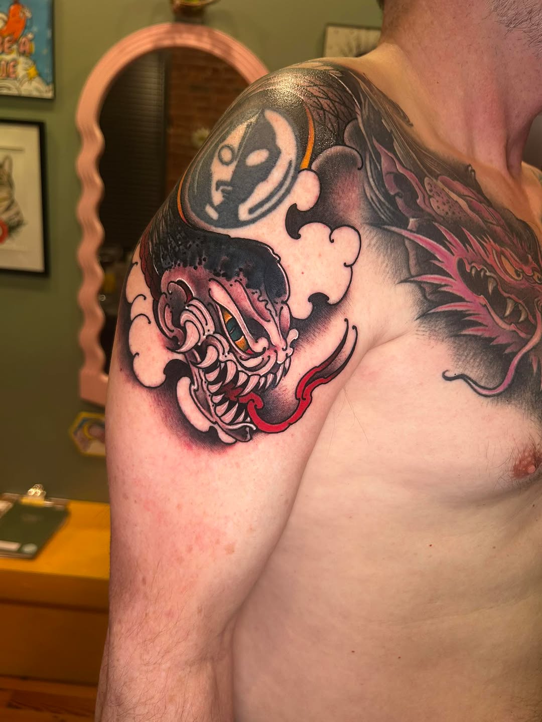 Tattoo by @daemiondesign — japanese_irezumi, american_traditional