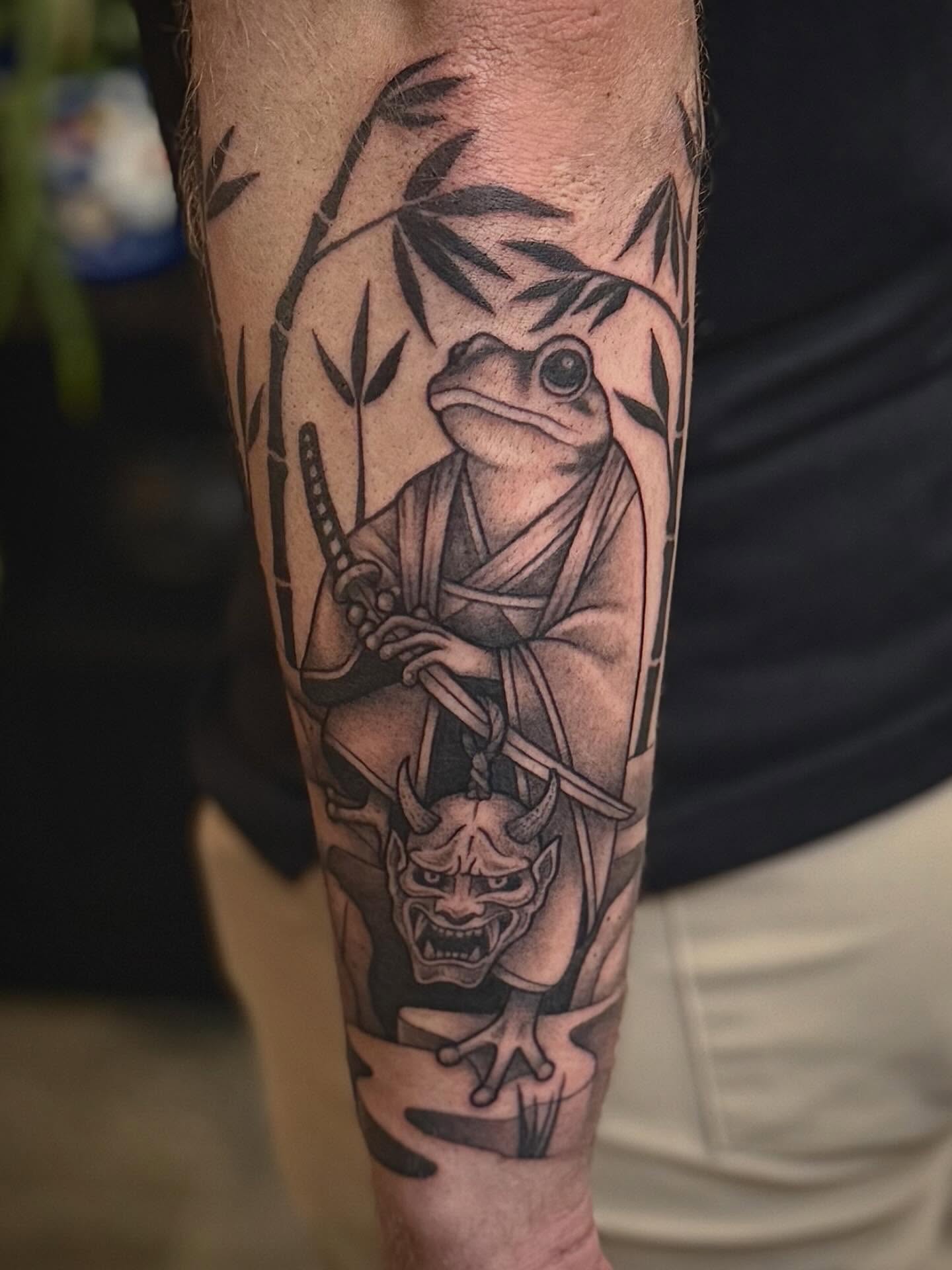 Frog in kimono realism tattoo on the forearm by Ashley Kayser