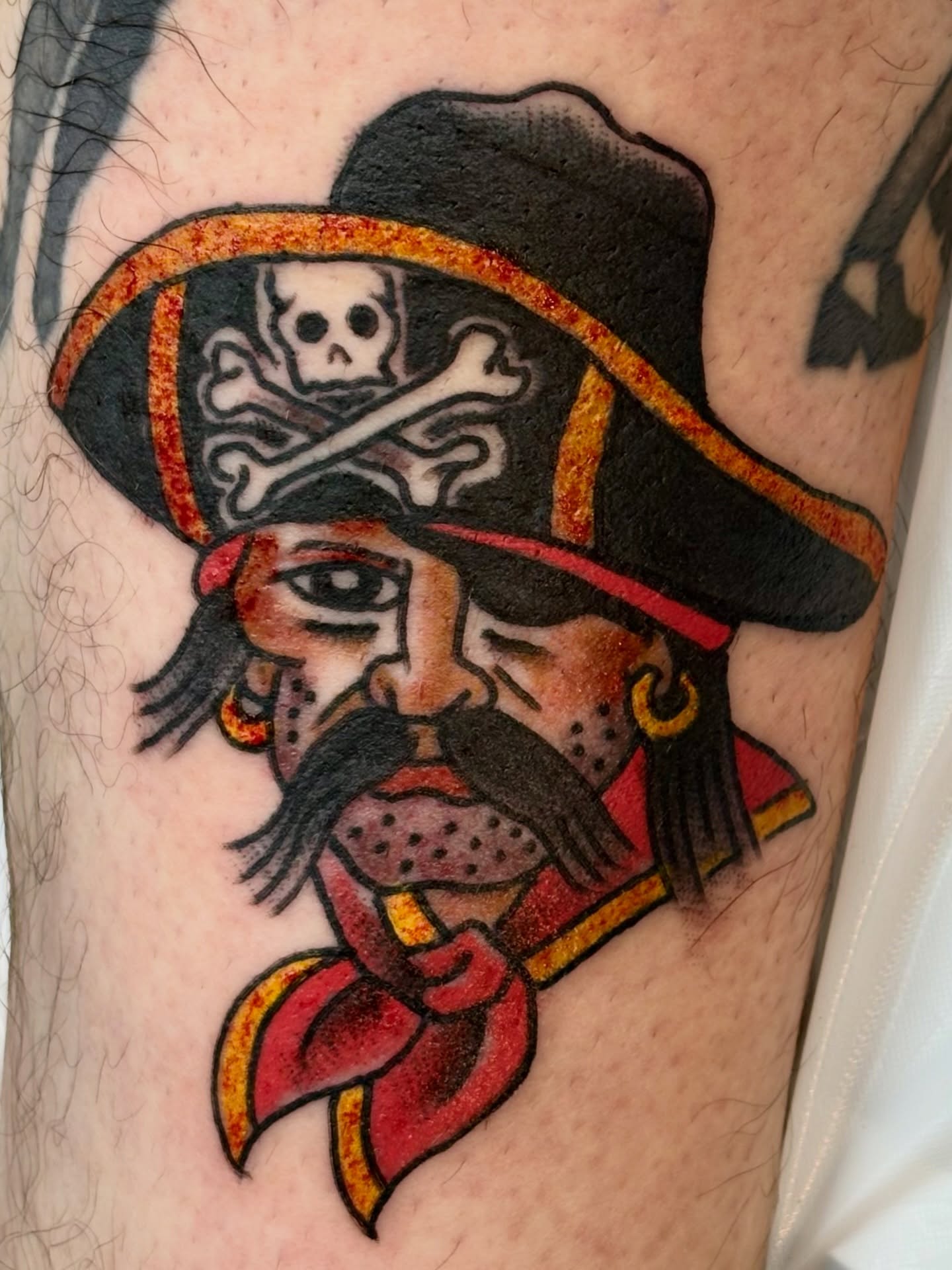 Pirate captain American traditional tattoo on the forearm by Annette LaRules LaRue