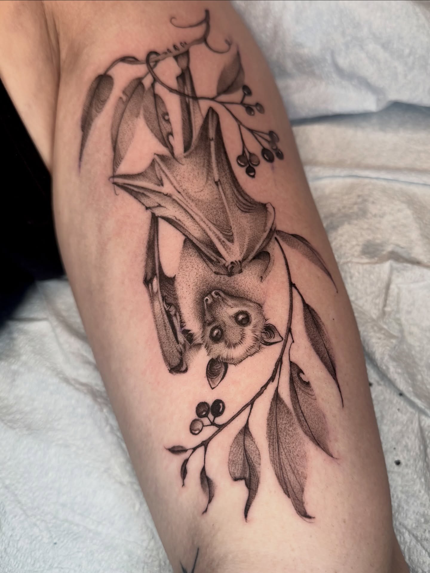 Bat hanging from branch realism tattoo on the forearm by Carla AKA Turnip girl