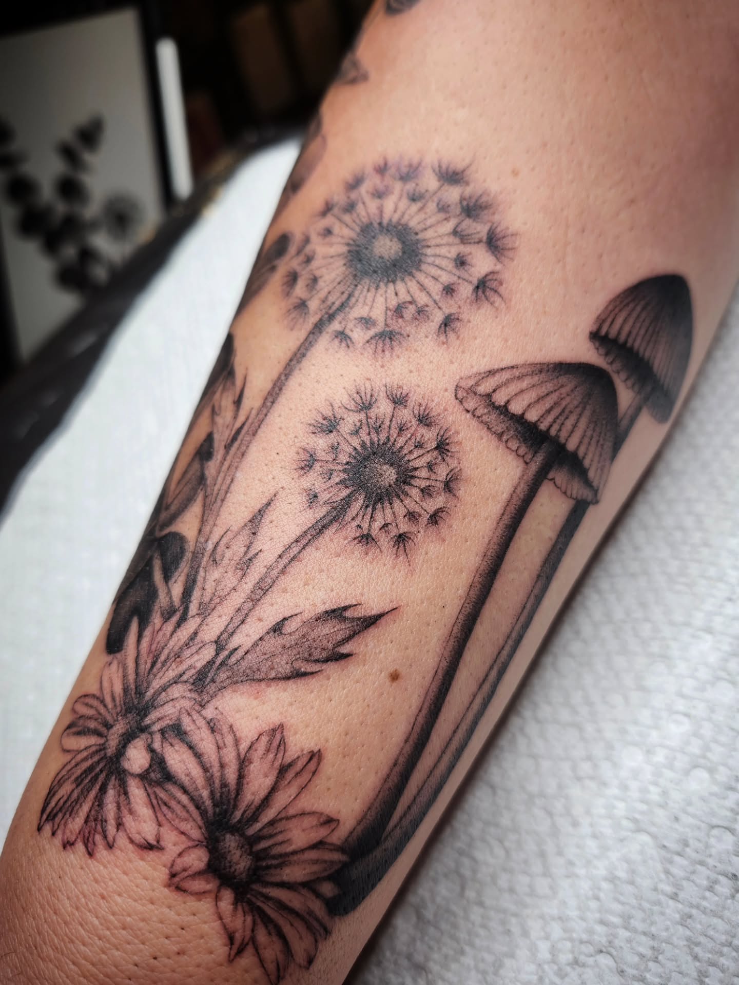 Dandelion seeds realism tattoo on the forearm by Kelly Zito