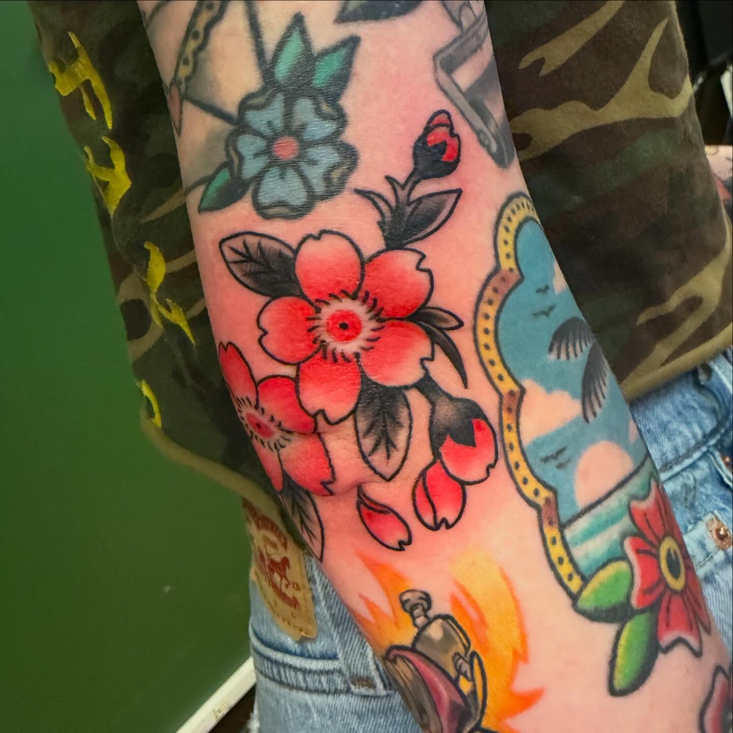 Floral arrangement American traditional tattoo on the forearm by ✥ Daemon Downing ✥ Kansas Tattoo Artist ✥, Wichita, Kansas