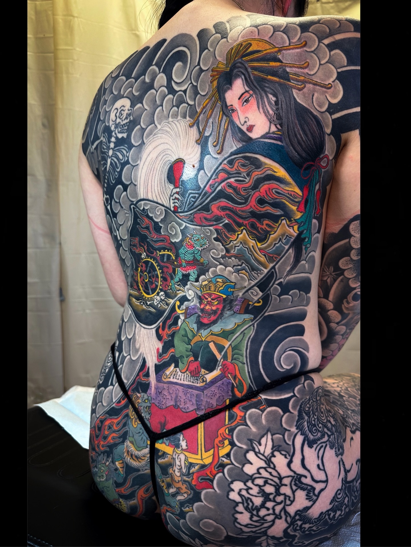 Geisha and demon japanese irezumi tattoo on the back by Colin Kenji Baker, San Jose, California