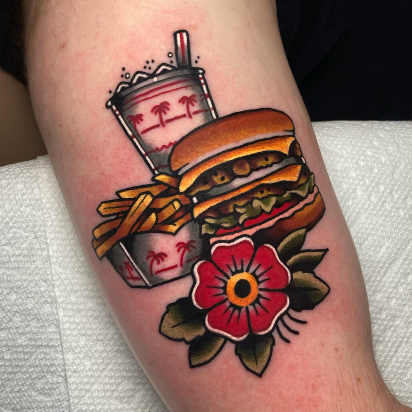 Fast food meal American traditional tattoo on the forearm by Matthew Limbers⚜️
