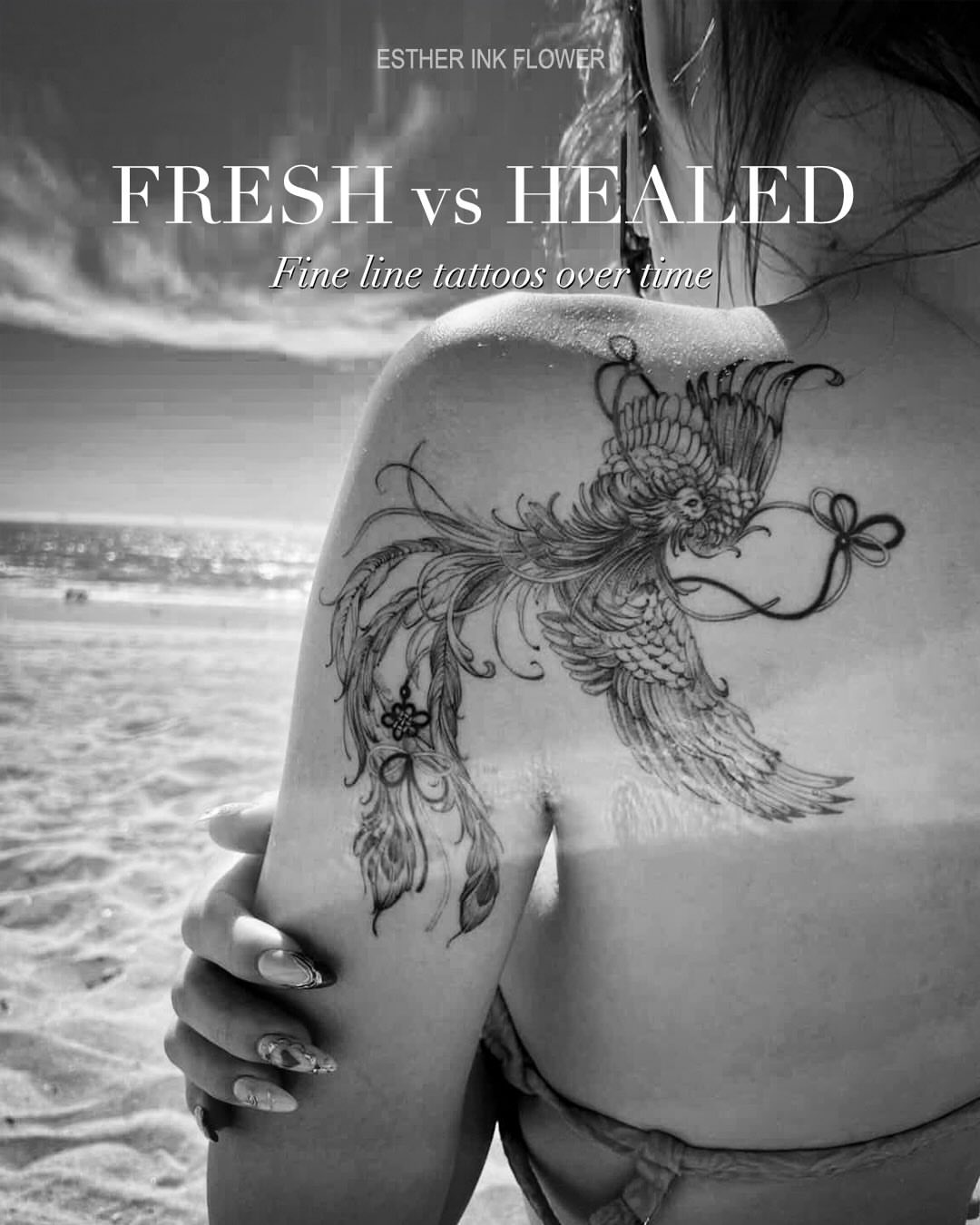 Phoenix fine line tattoo on the shoulder by Esther ✣ Fine Line Floral Tattoo Artist LA, Los Angeles, California