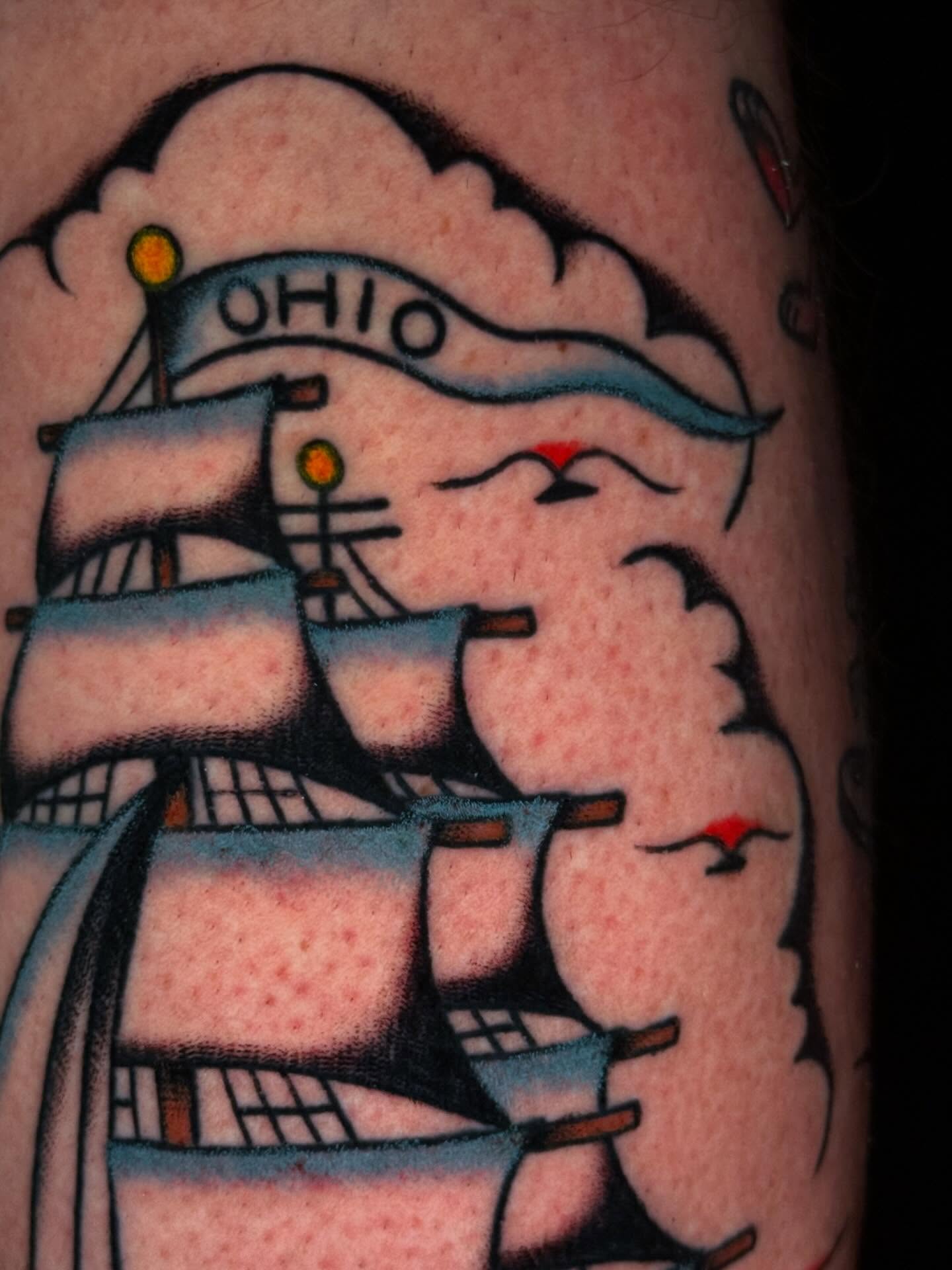 Ship and wave American traditional tattoo on the forearm by Mallory Brown