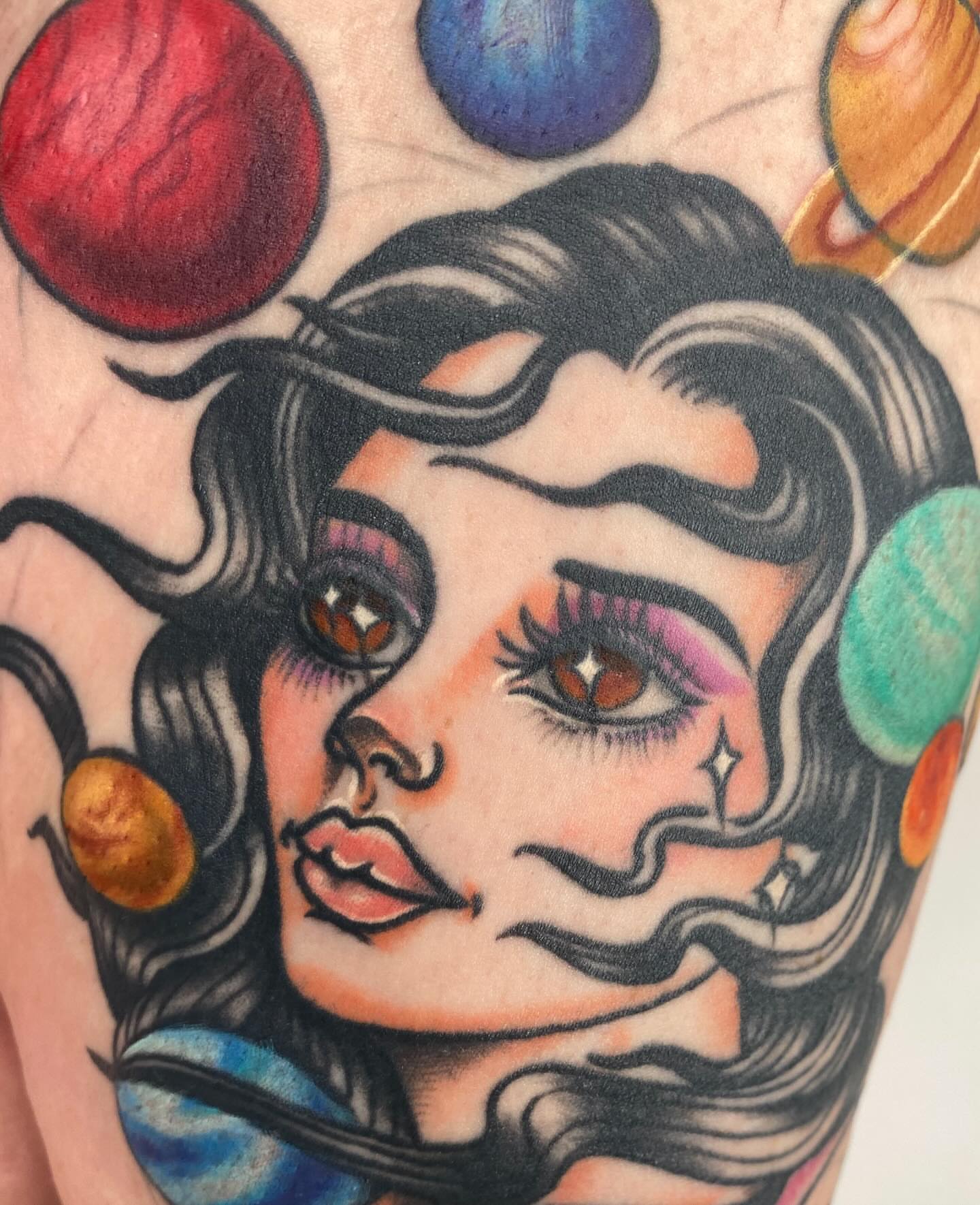 Galactic woman American traditional tattoo on the forearm by Vivian HavaTattoo, Richmond, Virginia