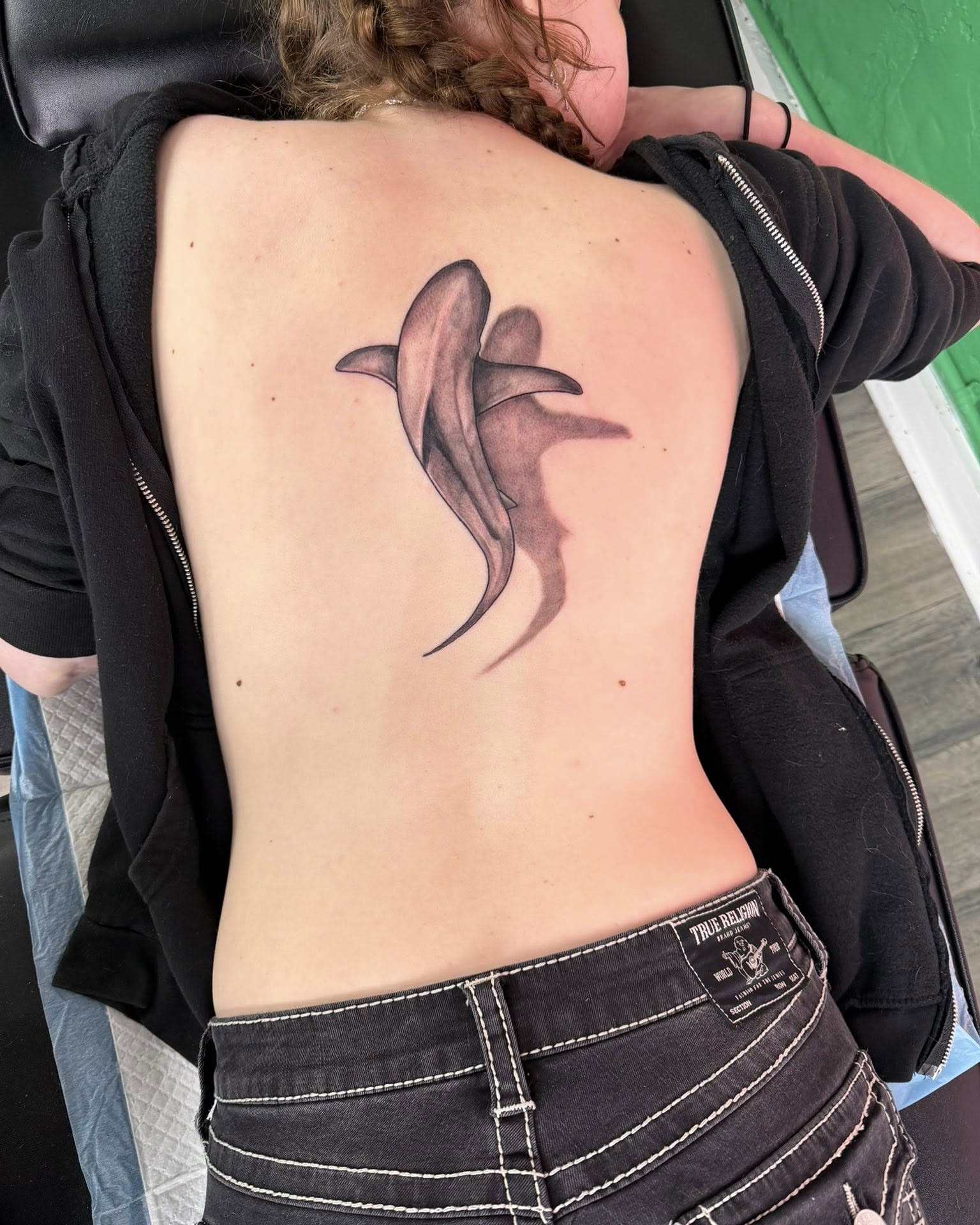 Shark realism tattoo on the back by Haley Winfree
