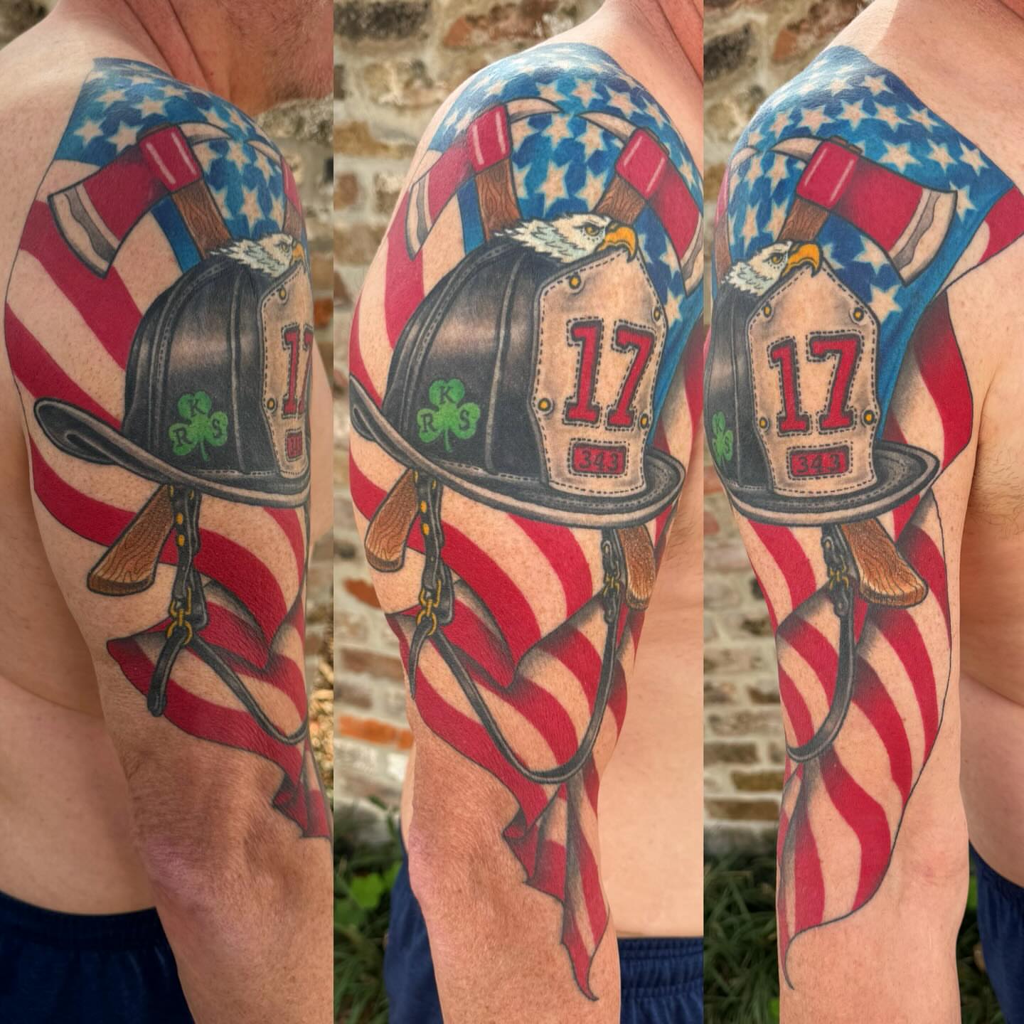Firefighter helmet American traditional tattoo on the upper arm by Jeremy Justice, New Orleans, Louisiana