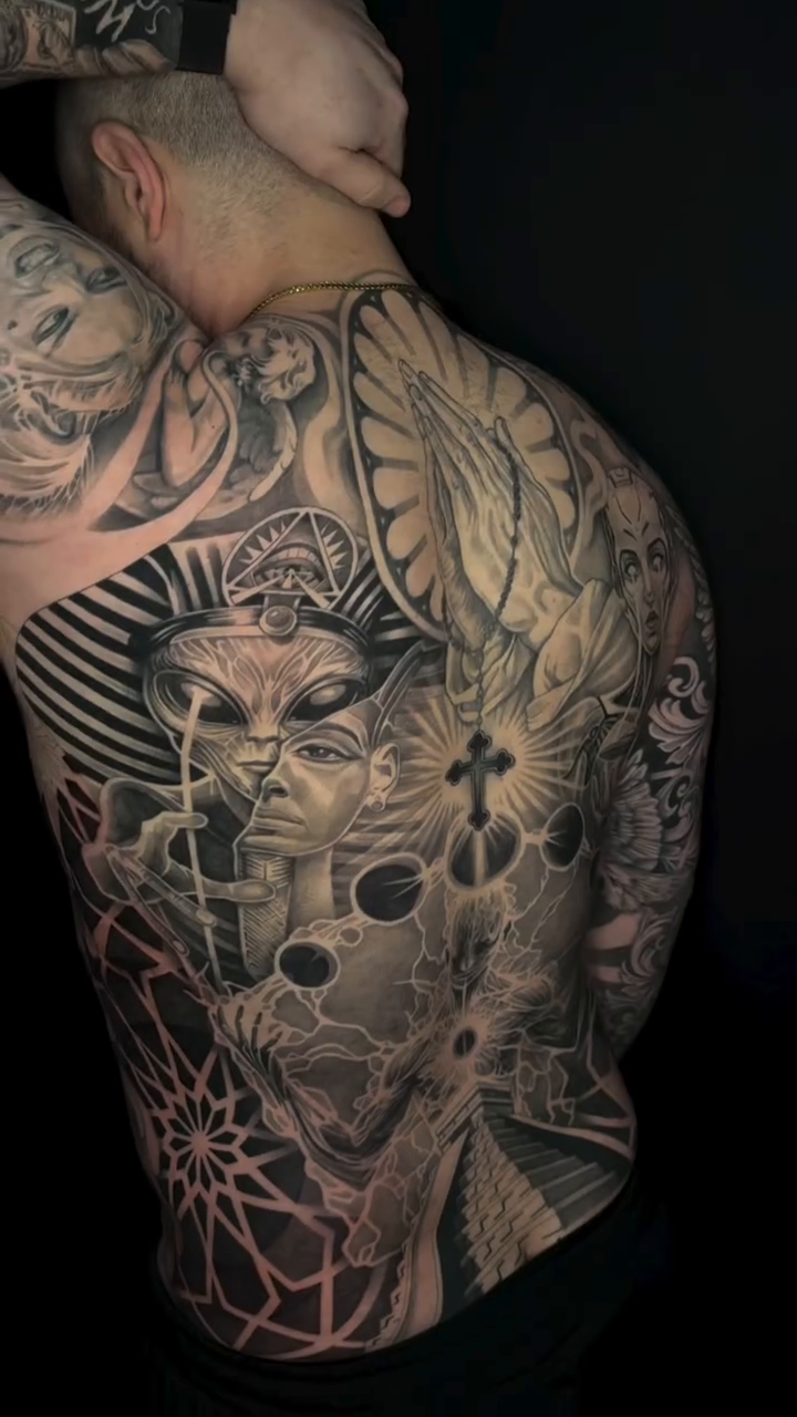 Surreal portrait with geometric elements realism tattoo by Elijah Forster - Nashville Tattoo Artist