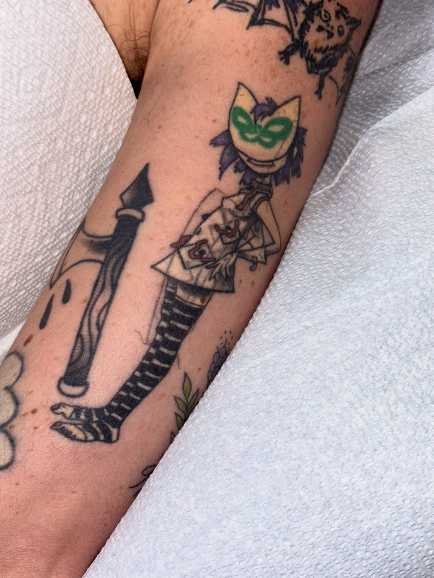 Cat character with mask anime tattoo on the forearm by ✨Dani Jackson✨, New Orleans, Louisiana
