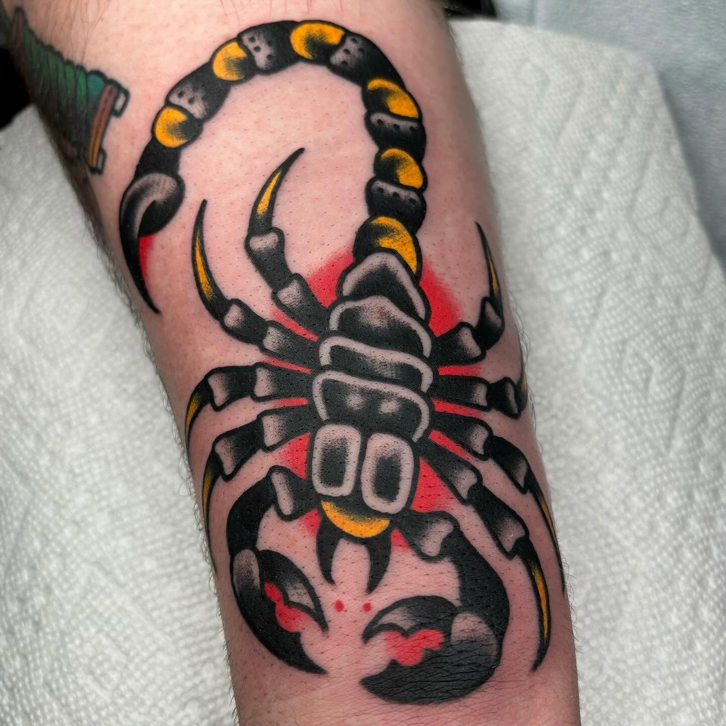Scorpion American traditional tattoo on the forearm by ~pooty~
