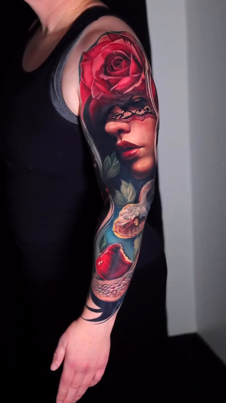 Woman with rose and celestial elements neo-traditional tattoo by Maryssa Anne