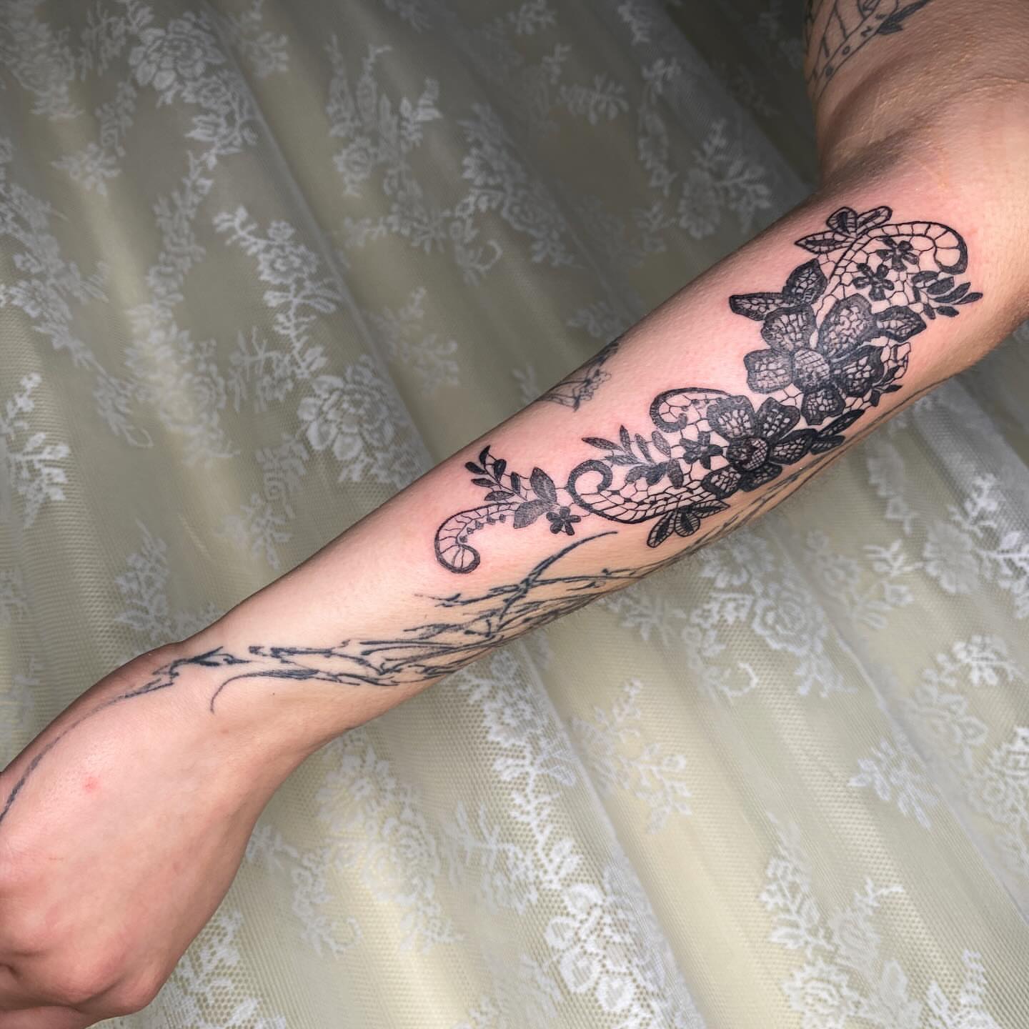 Floral vine black and grey tattoo on the forearm by °₊⊹ delia ✩ jane ೃ࿔*