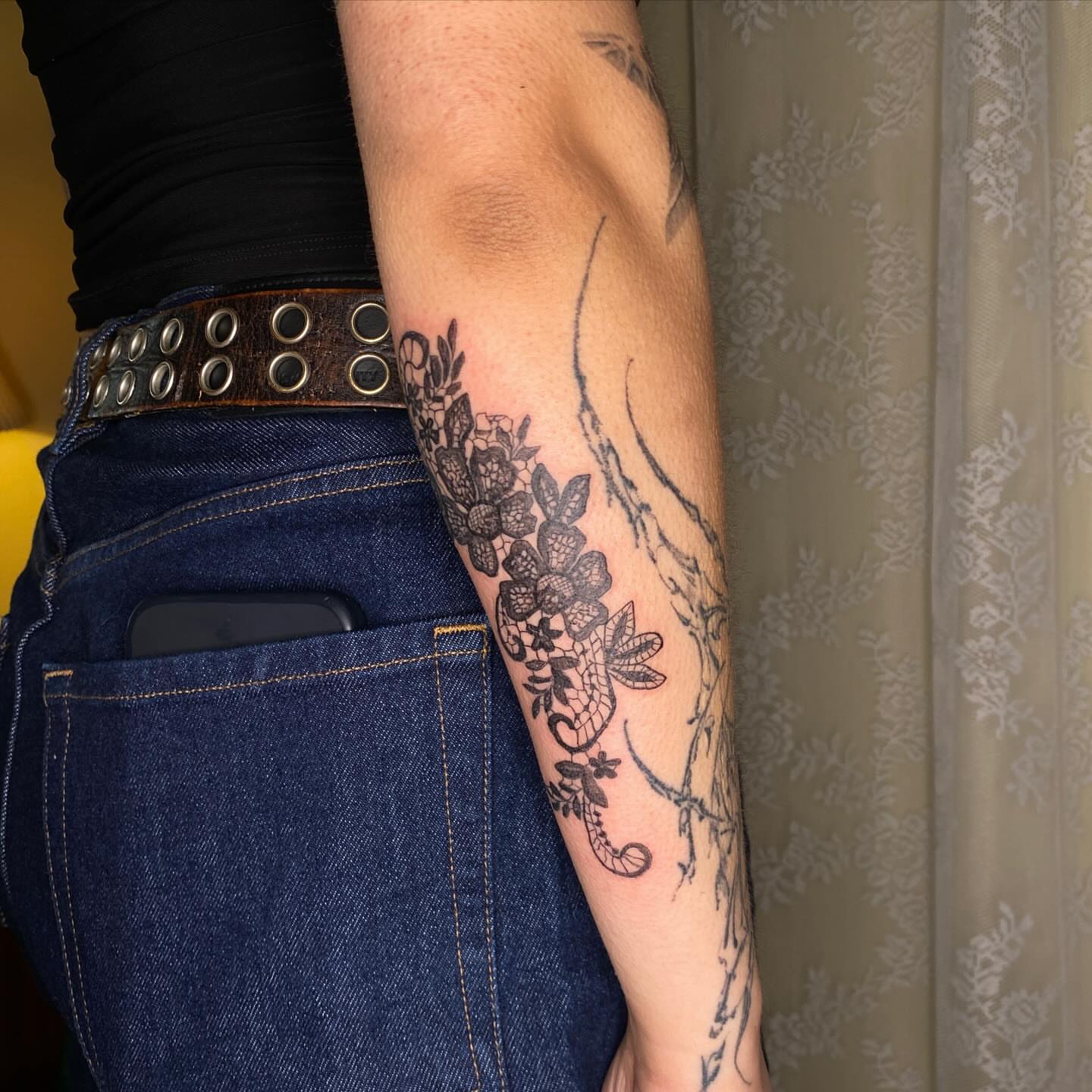 Floral vine black and grey tattoo on the forearm by °₊⊹ delia ✩ jane ೃ࿔*
