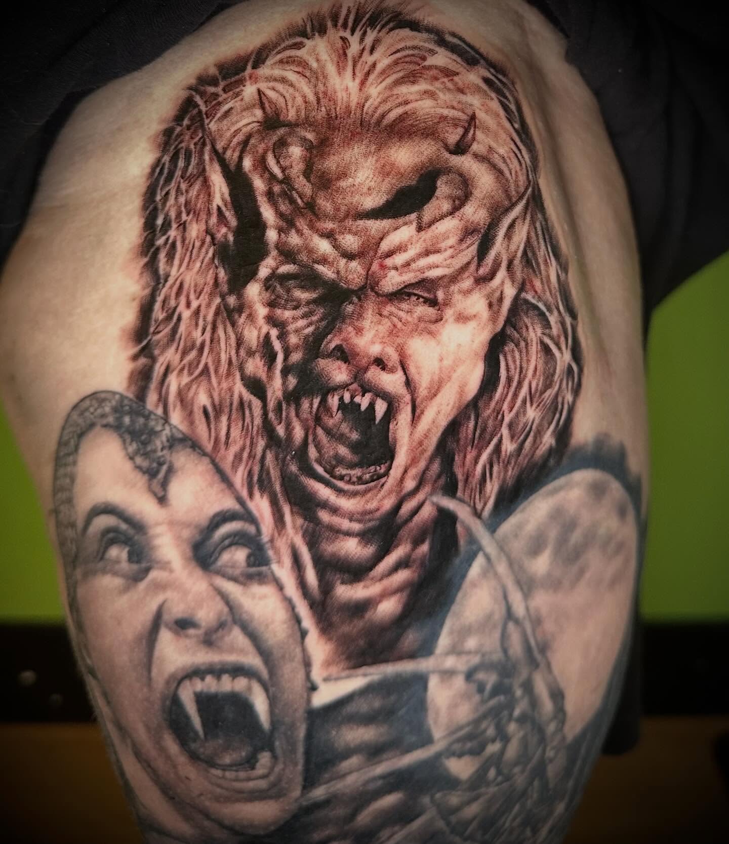 Demon and woman dark realism tattoo on the shoulder by Alan