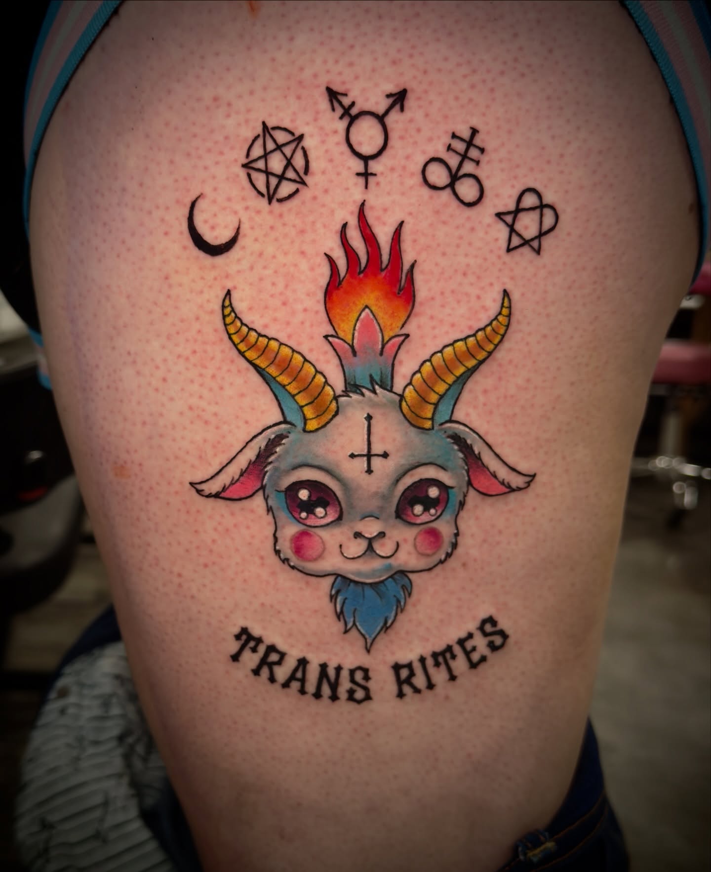Goat head dotwork tattoo on the thigh by Jeff Brock