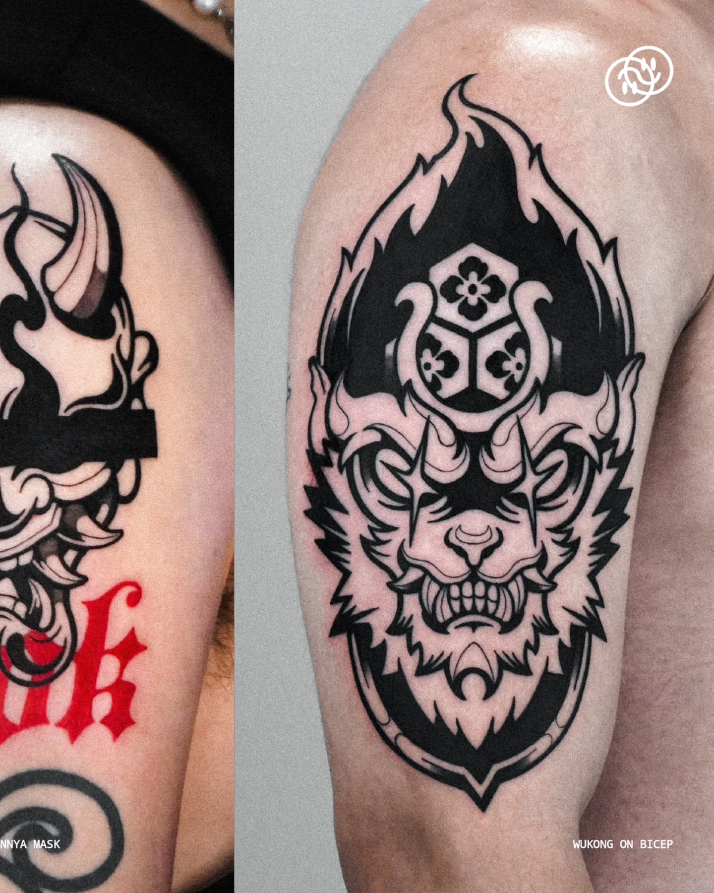Lion mask geometric tattoo on the forearm by Jeremy "Jerms" Camposanto