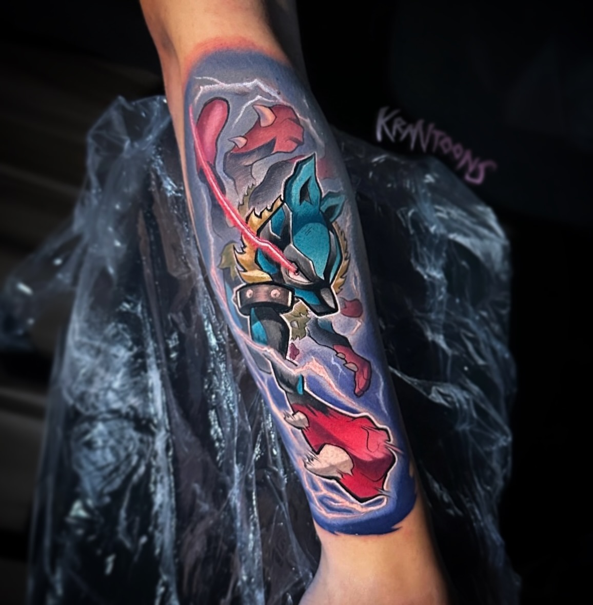 Anime character anime tattoo on the forearm by Jason