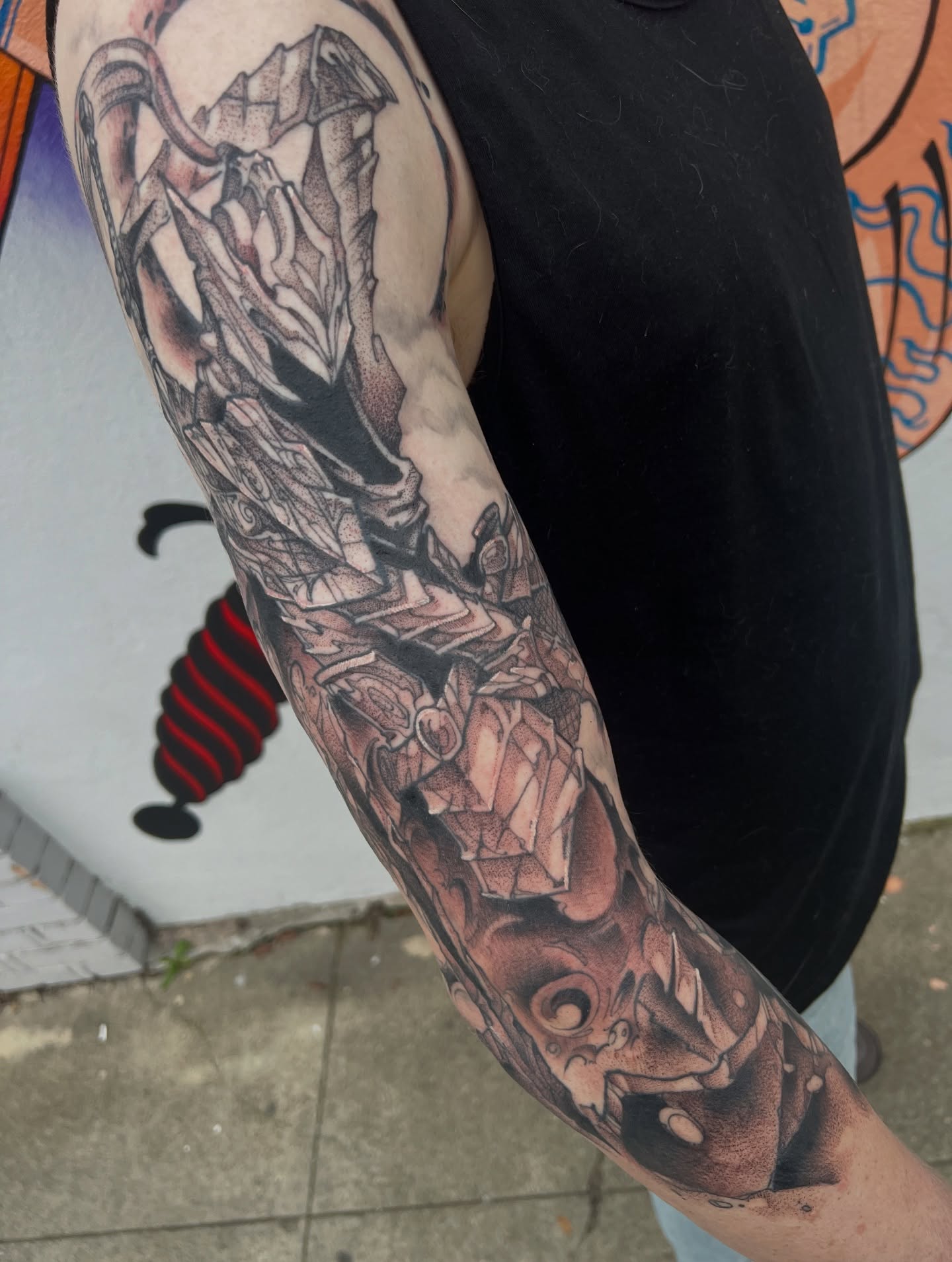 Demon skull with armor dark realism tattoo on the forearm by Owen Smith -OEOS- SF