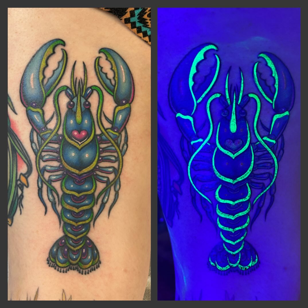 Lobster new school tattoo on the upper arm by Mary Rose Heckle