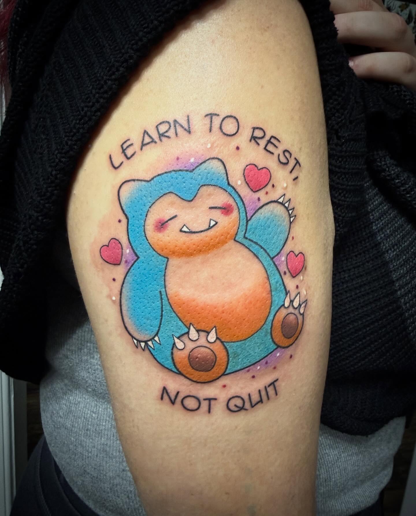 Snorlax dotwork tattoo on the shoulder by Abby Hofman