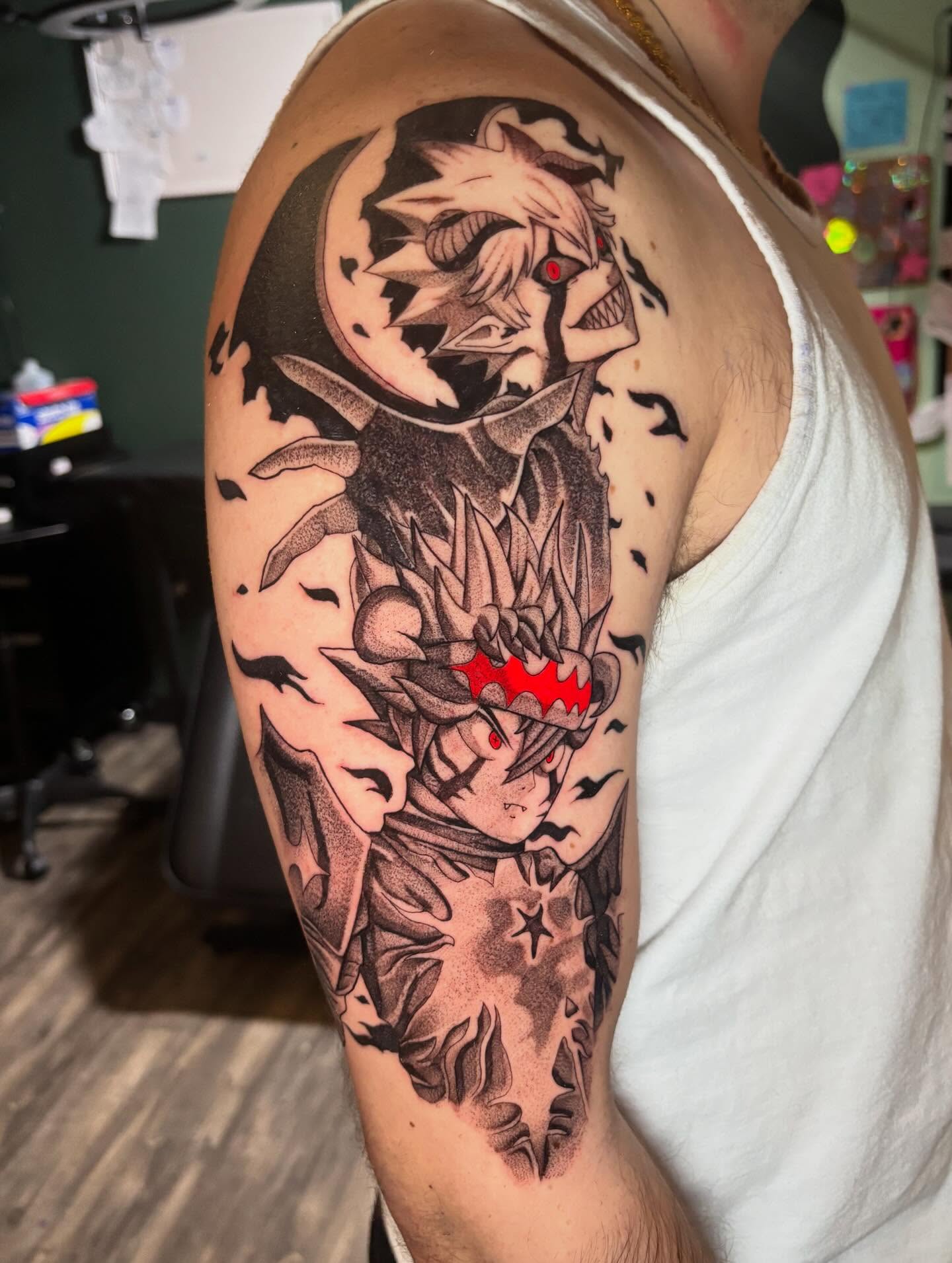 Dragon ball characters dotwork tattoo on the shoulder by @seibastattoos, Virginia Beach, Virginia