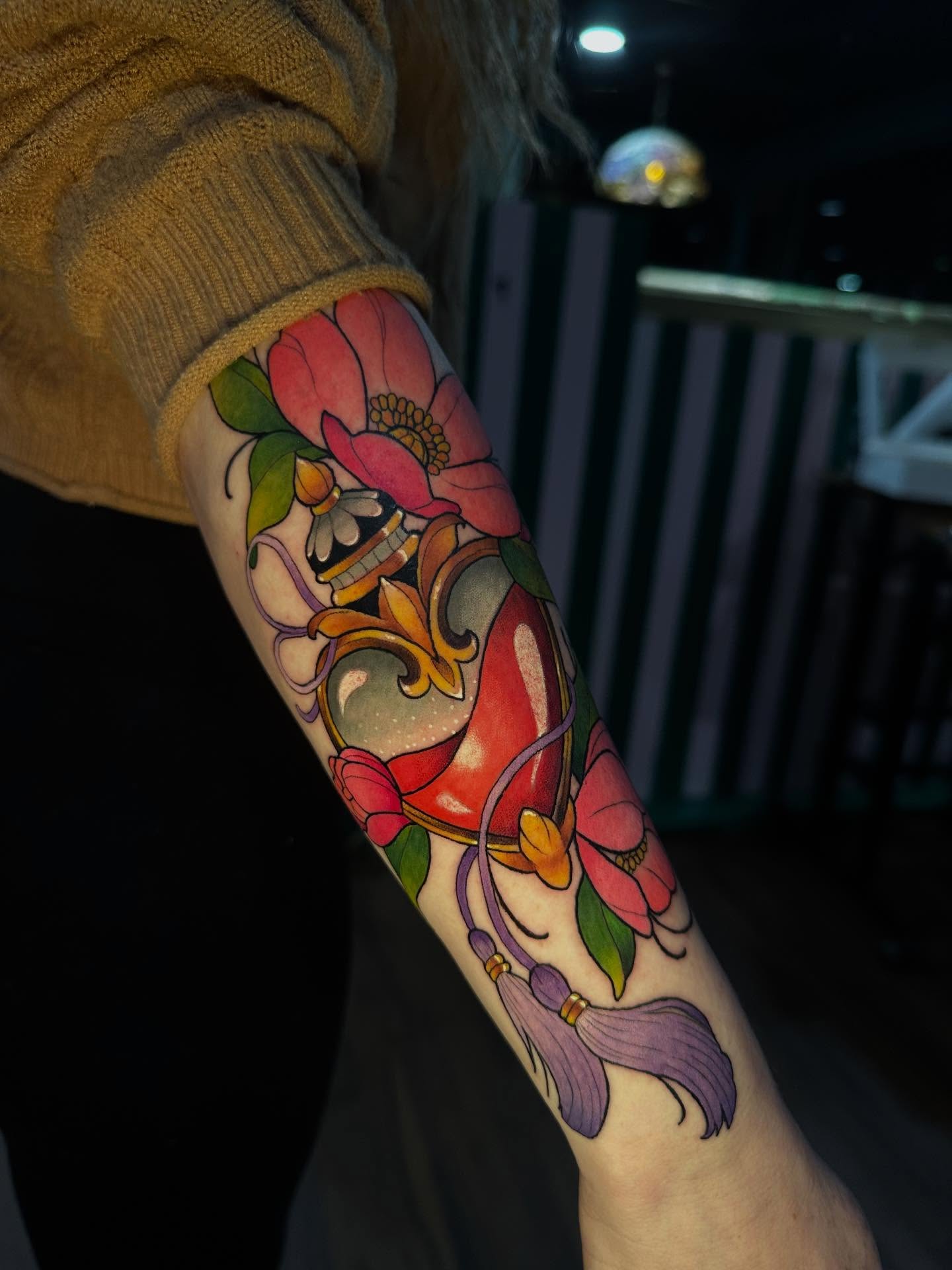 Flower bouquet new school tattoo on the forearm by Mario Flores Tattoo