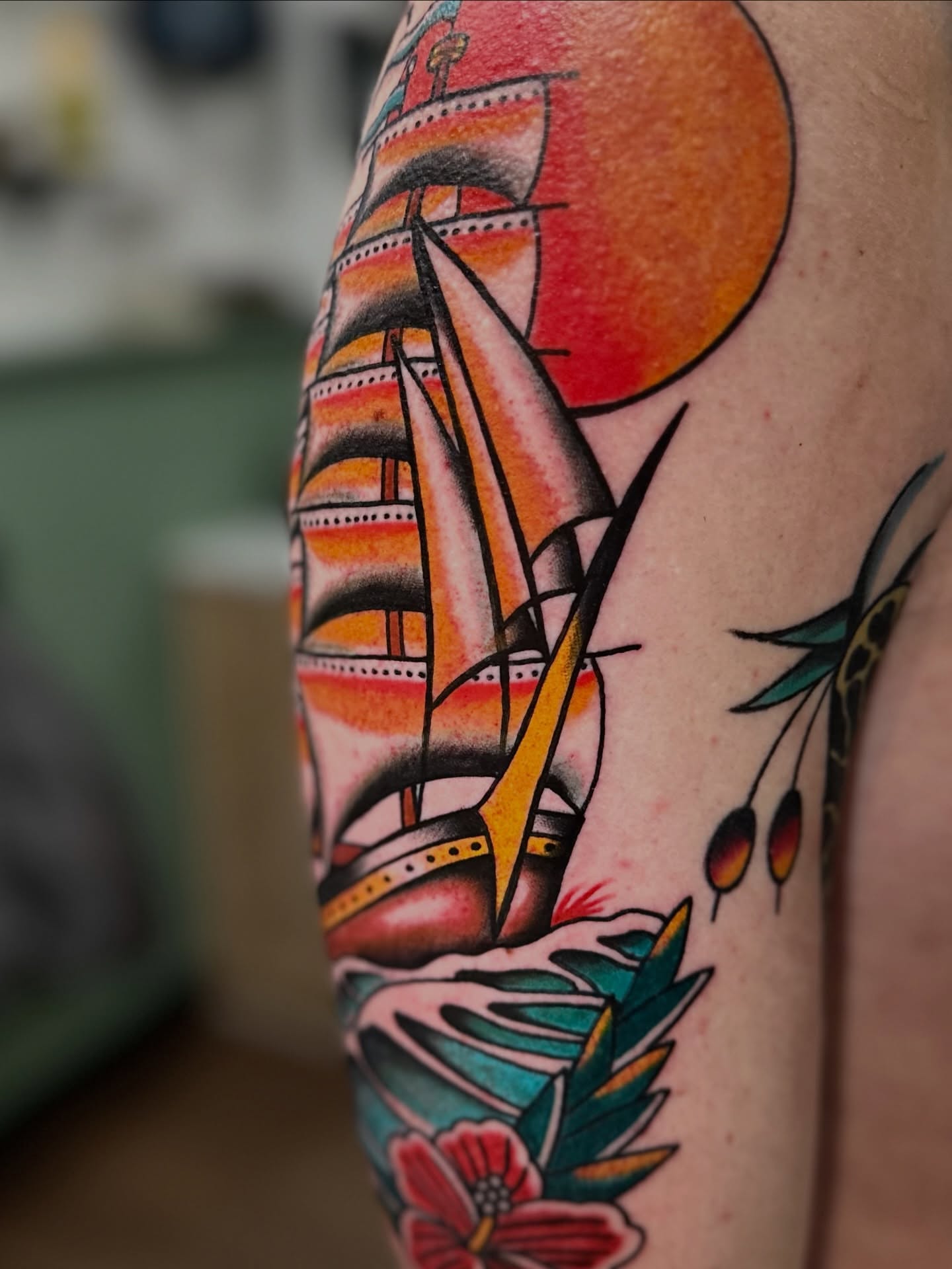 Sailboat and sunset American traditional tattoo on the forearm by Nick Weaver aka gibby sometimes gilbert