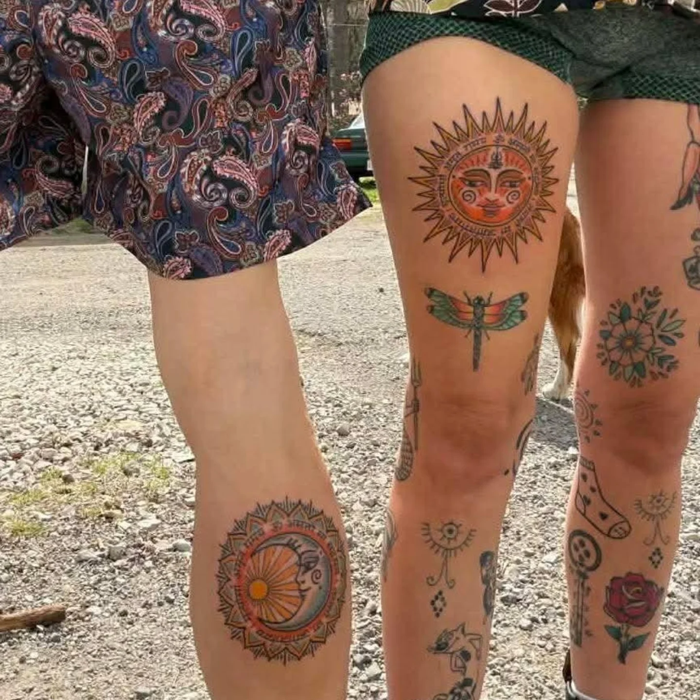 Sun and dragonfly American traditional tattoo on the thigh by Ravi Chandra, Mount Shasta, California
