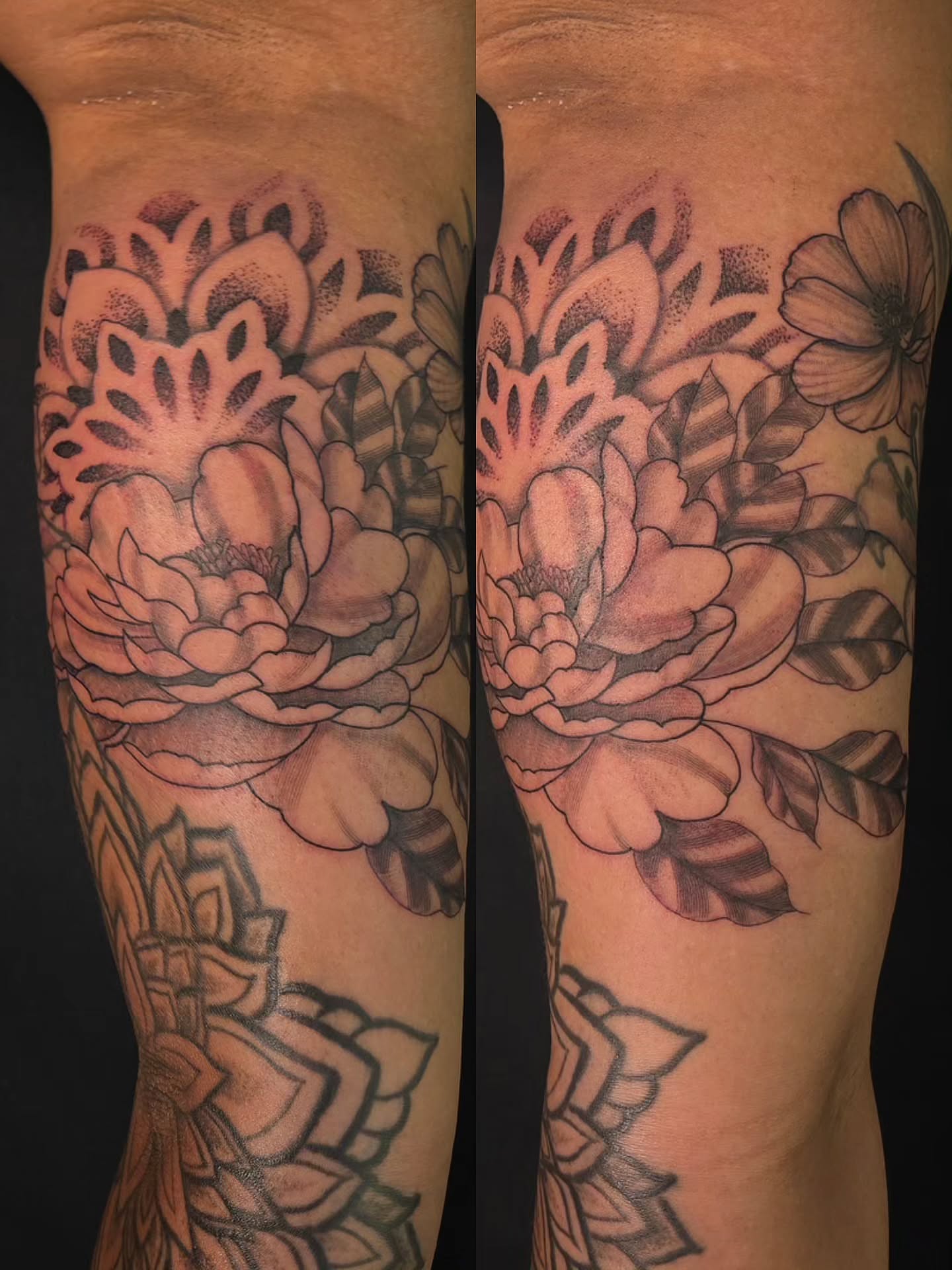 Floral bouquet dotwork tattoo on the forearm by Linda Marroum, Morningside, Maryland