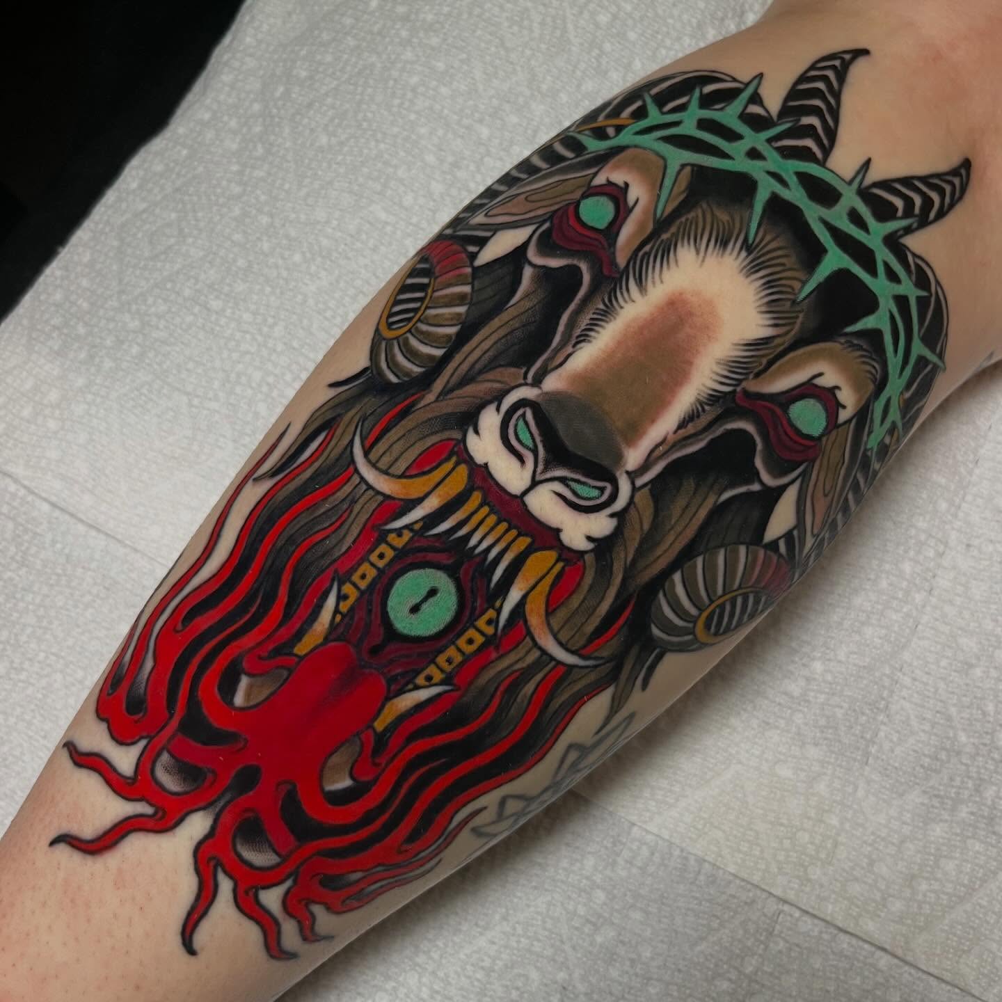 Bull head American traditional tattoo on the forearm by Sara Lewis