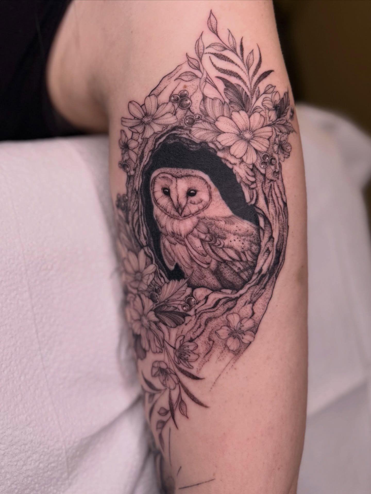 Owl realism tattoo on the forearm by Jena Perry