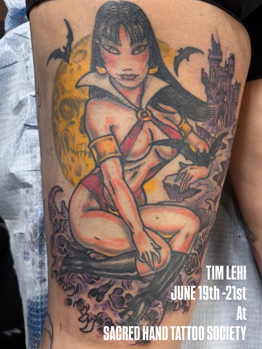 Anime-style character anime tattoo on the thigh by Tim Lehi, Oakland, California