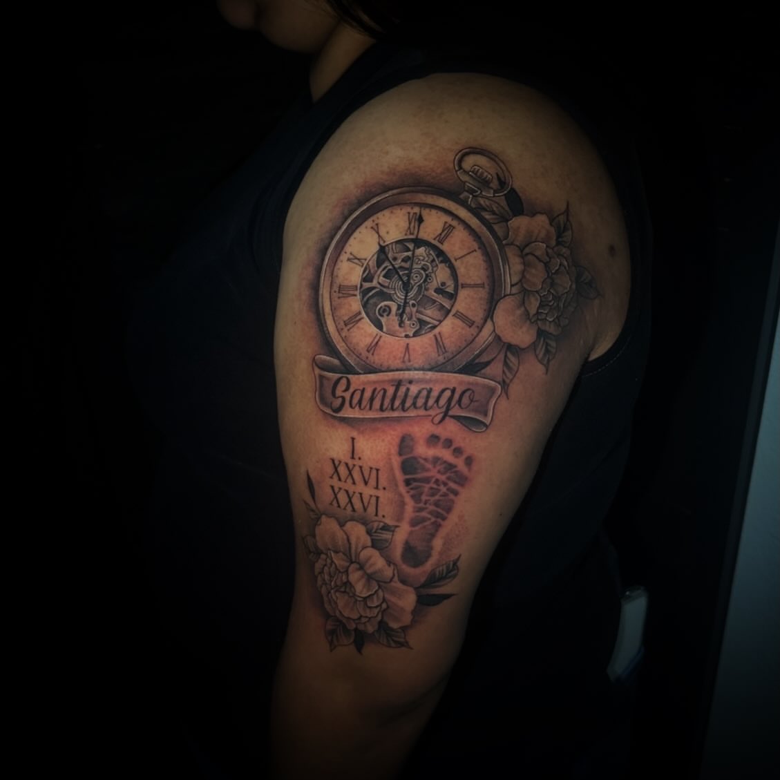 Clock and foot realism tattoo on the shoulder by Sad Girl Tattoos