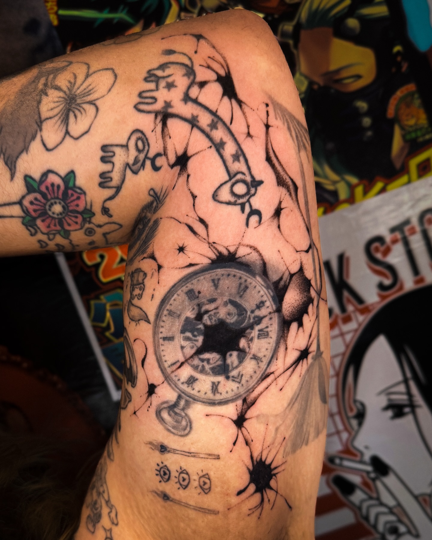 Clock and celestial bodies realism tattoo on the forearm by мια ѕυη