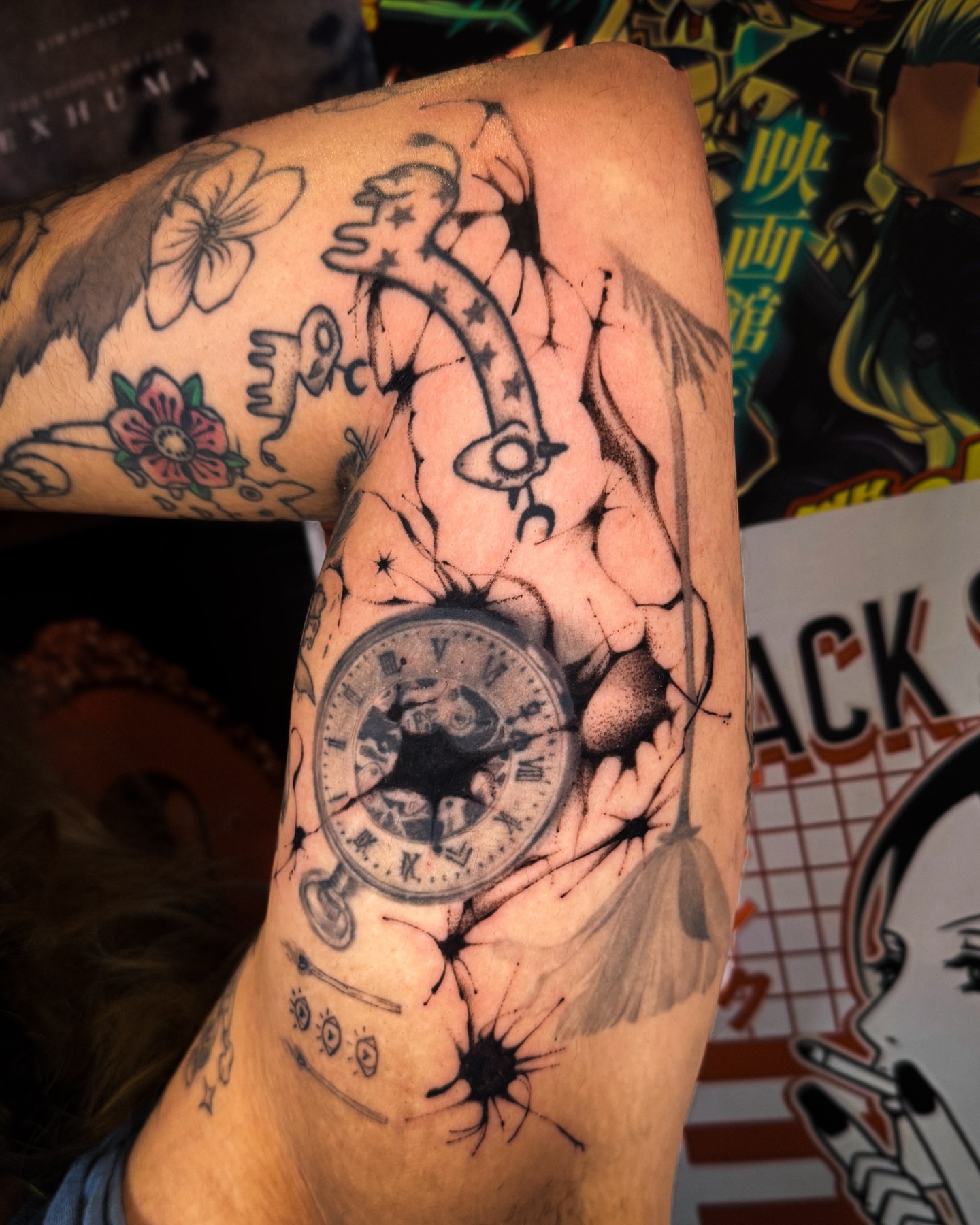 Astronomical clock black and grey tattoo on the forearm by мια ѕυη