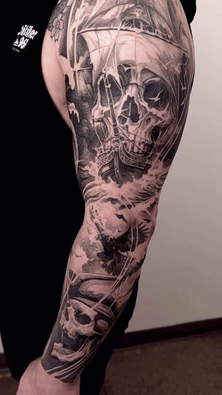 Skull and ship sleeve realism tattoo by sacramento tattoo CA