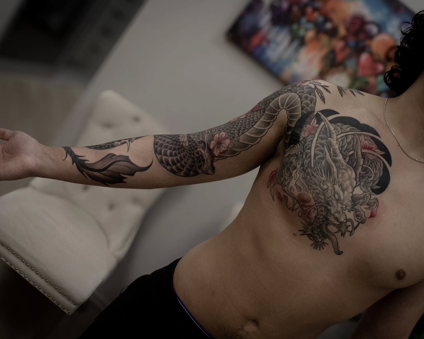 Dragon japanese irezumi tattoo on the chest by Erik Bonilla