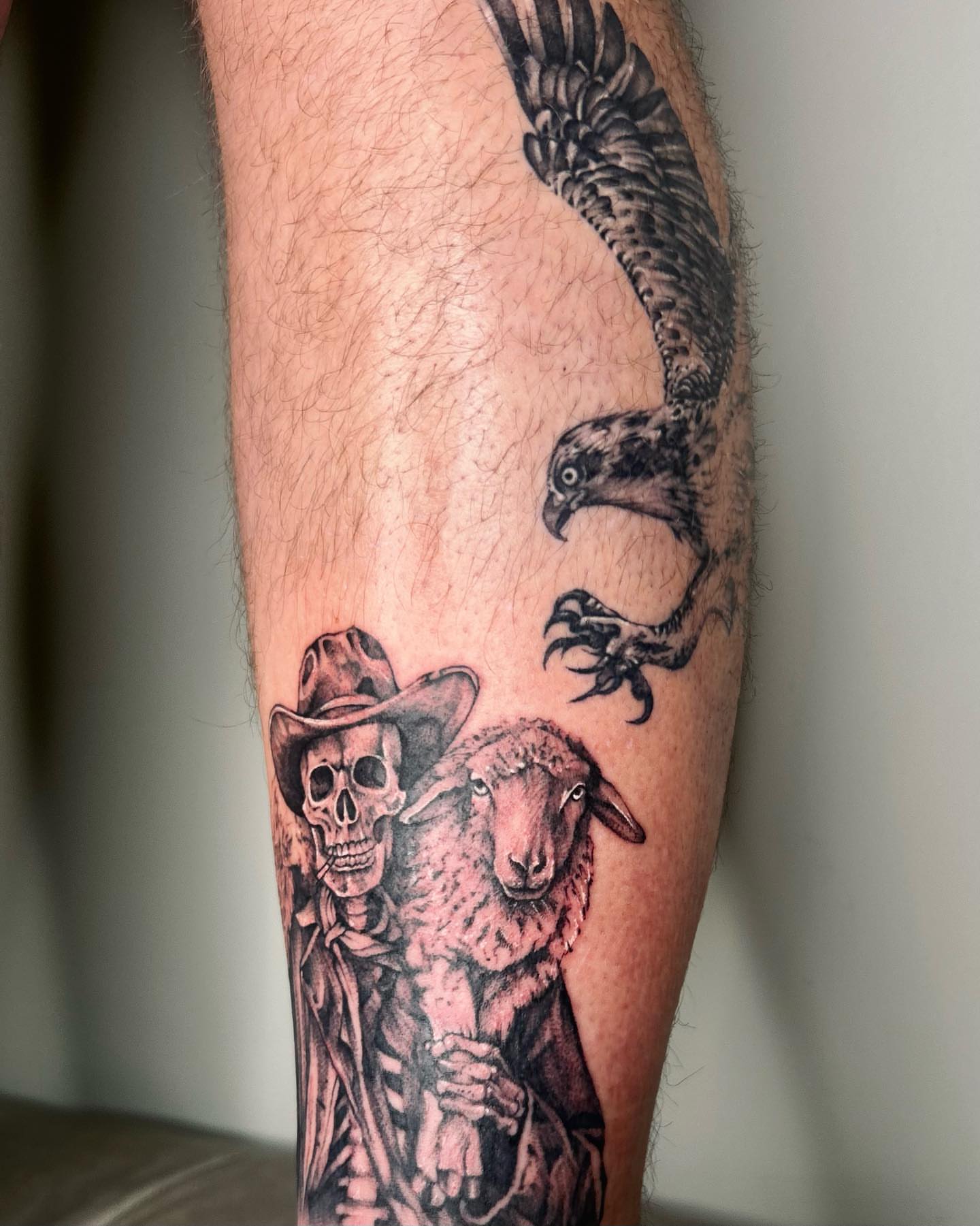 Cowboy and sheep American traditional tattoo on the forearm by Sarah Miller ✶