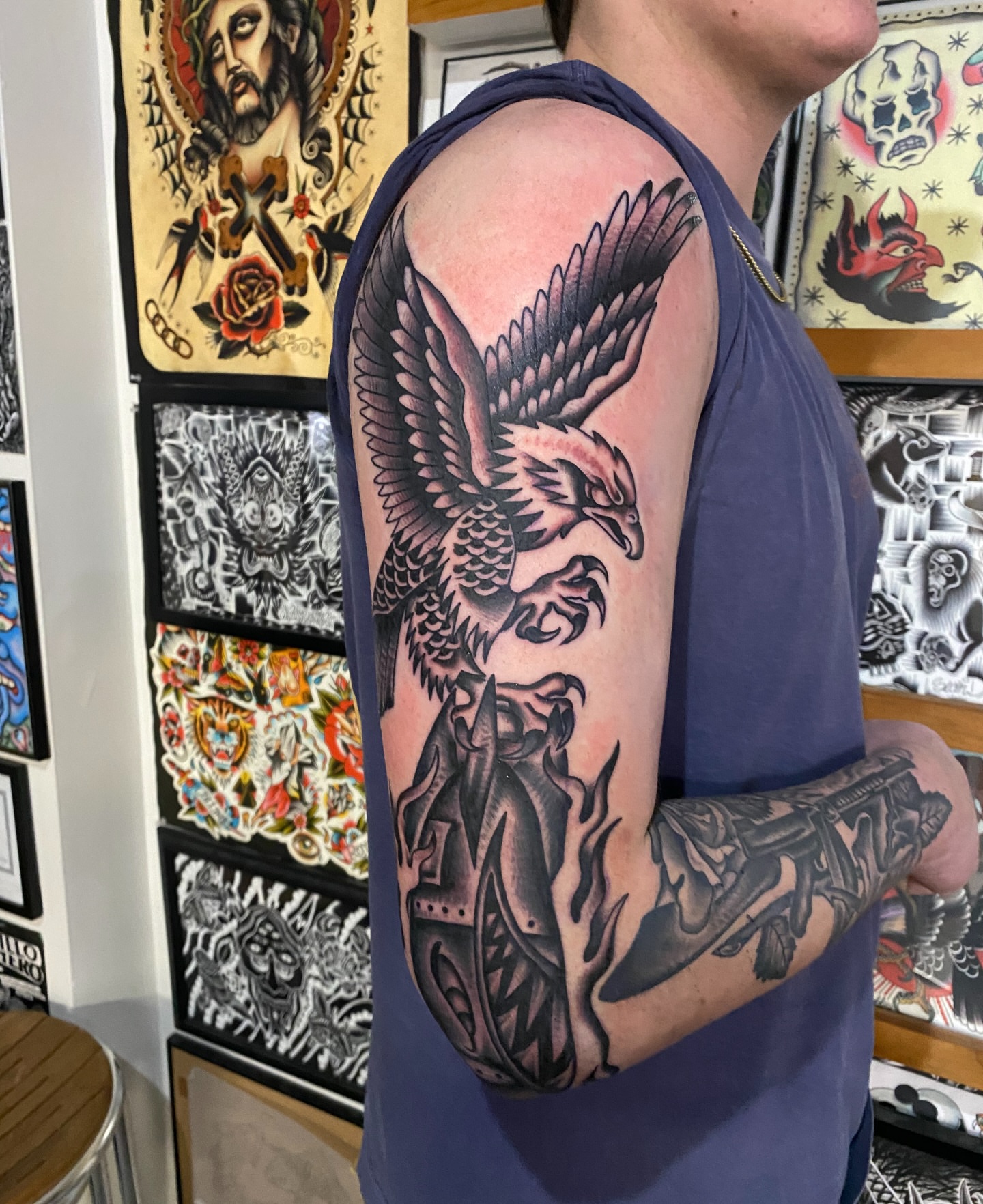 Eagle American traditional tattoo on the upper arm by sean drennen