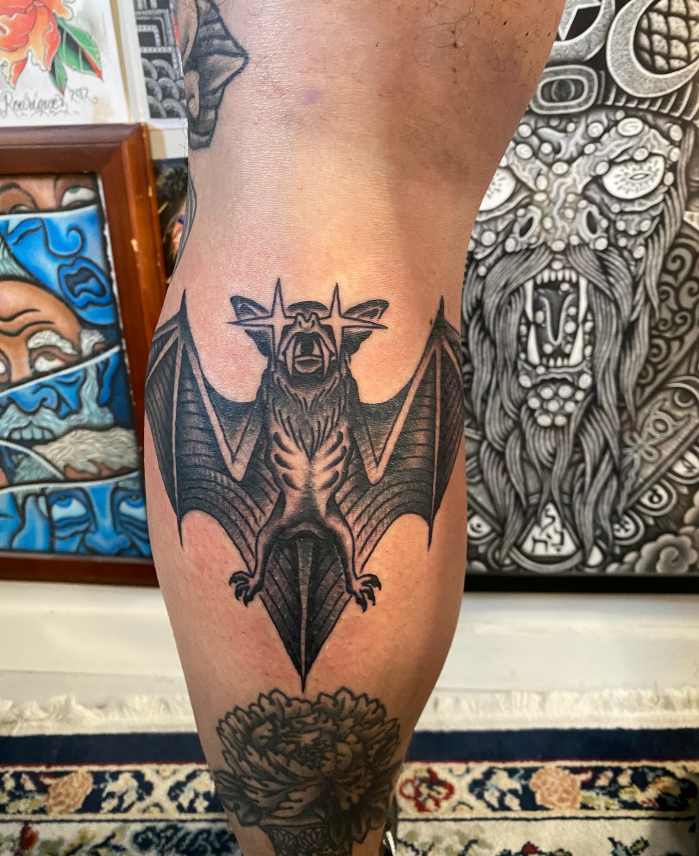 Bat black and grey tattoo on the forearm by sean drennen