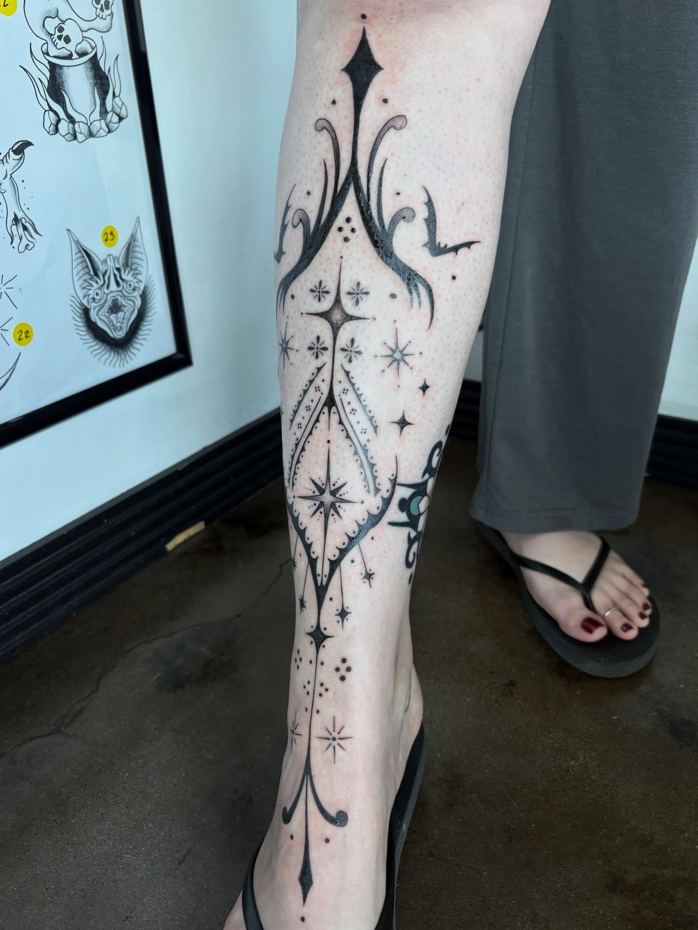 Astral symbols dotwork tattoo on the calf by ✤ Ornamental Tattoo Artist ✤