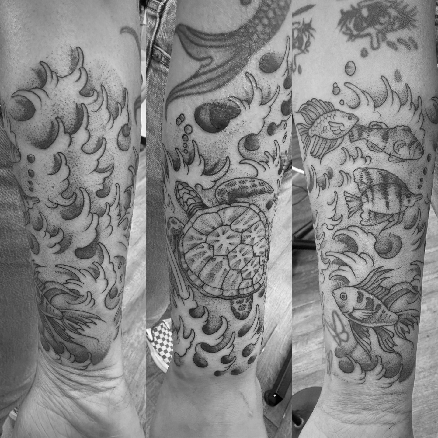 Sea creatures dotwork tattoo on the forearm by Jason Allen, Avondale, Arizona