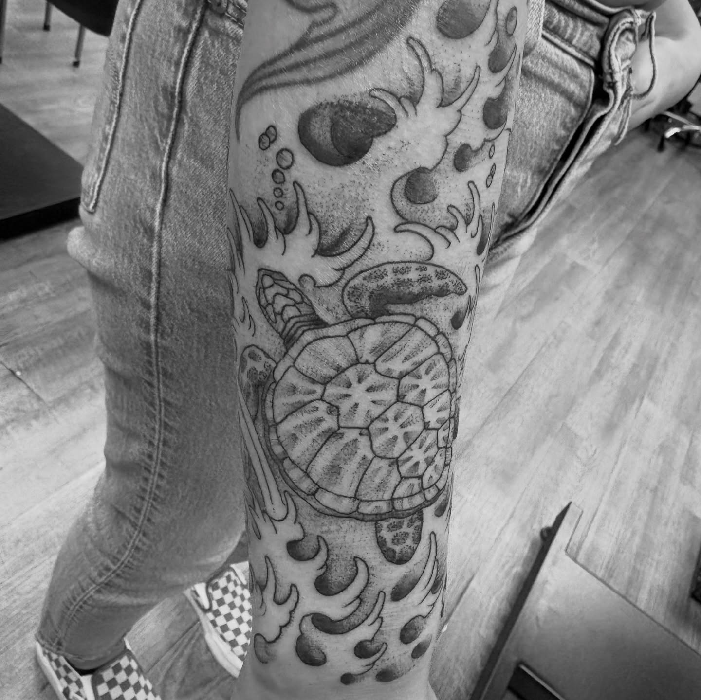 Turtle black and grey tattoo on the forearm by Jason Allen, Avondale, Arizona