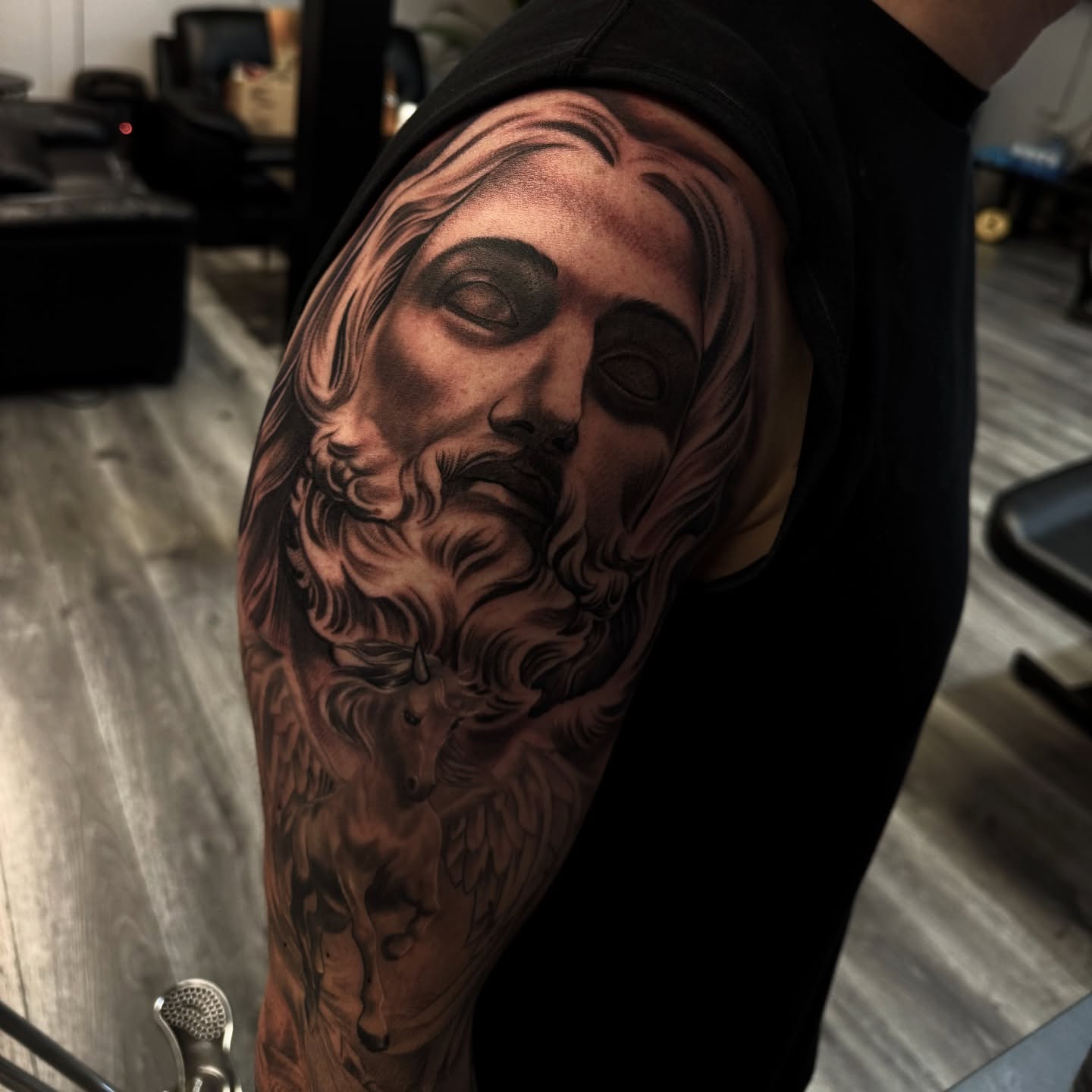 Religious figure realism tattoo on the forearm by Jonathan Solis 🇲🇽🇺🇸