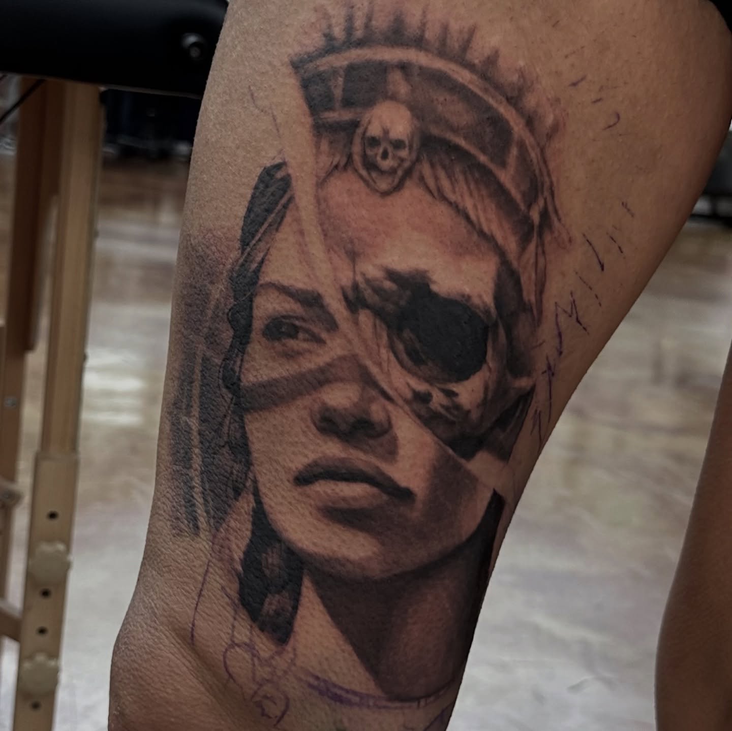 Woman with skull realism tattoo on the forearm by Trent Hebert