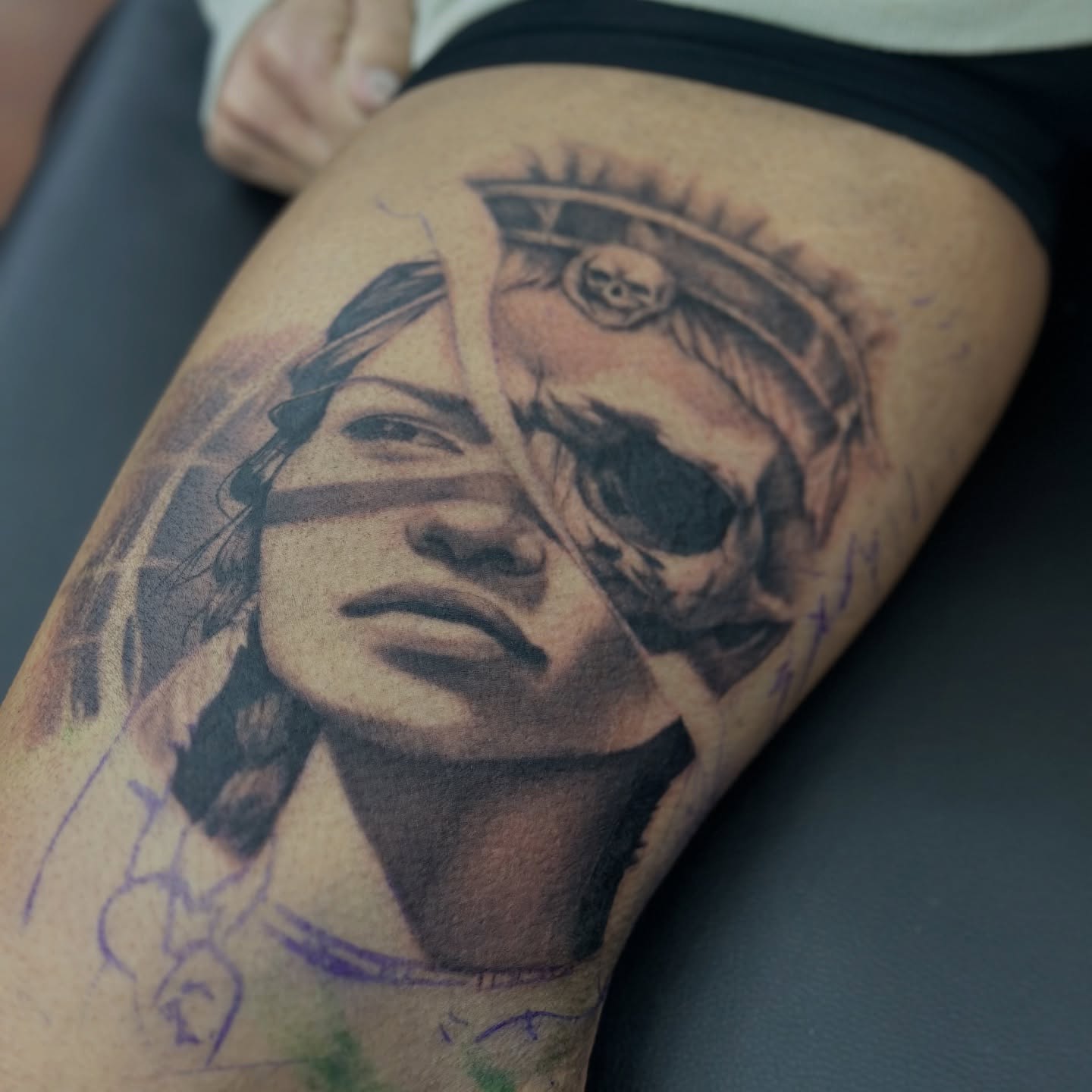 Portrait realism tattoo on the thigh by Trent Hebert