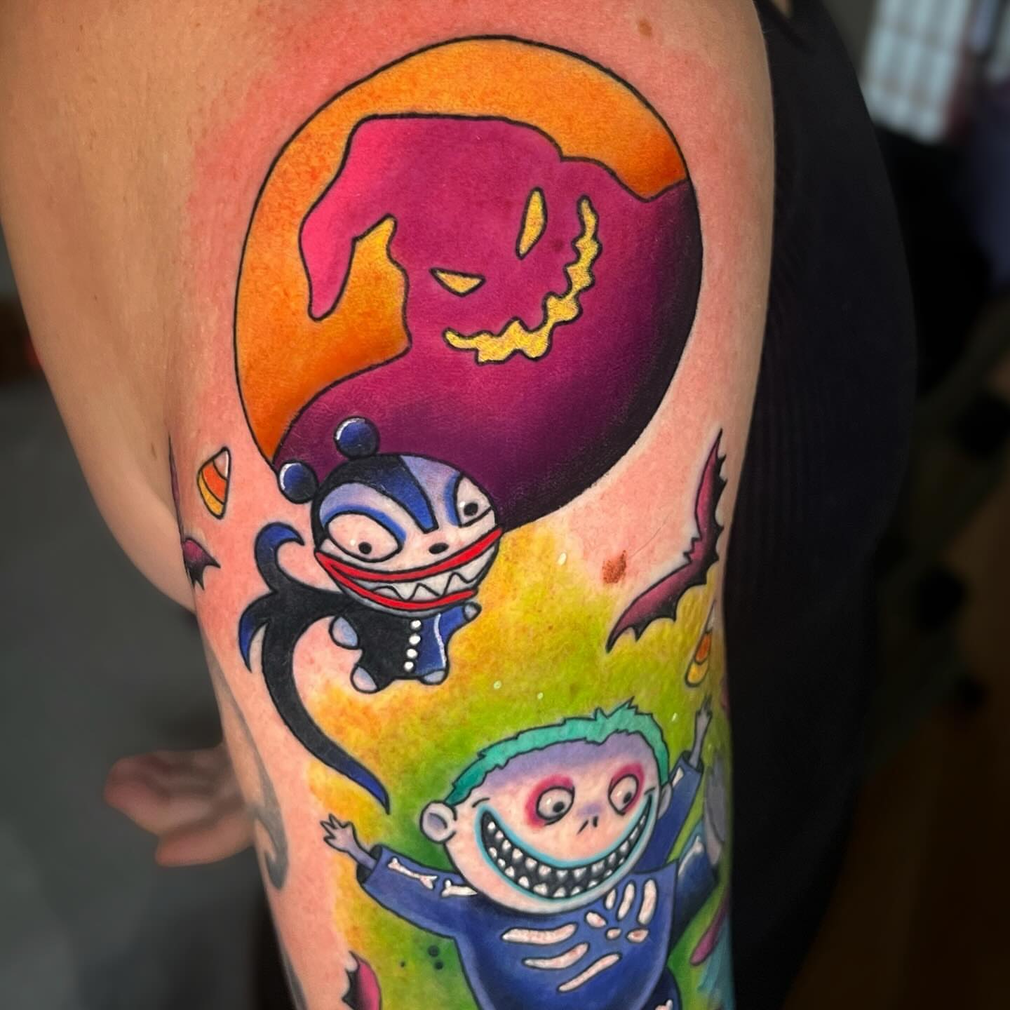Halloween-themed characters new school tattoo on the forearm by Nicole Skalski