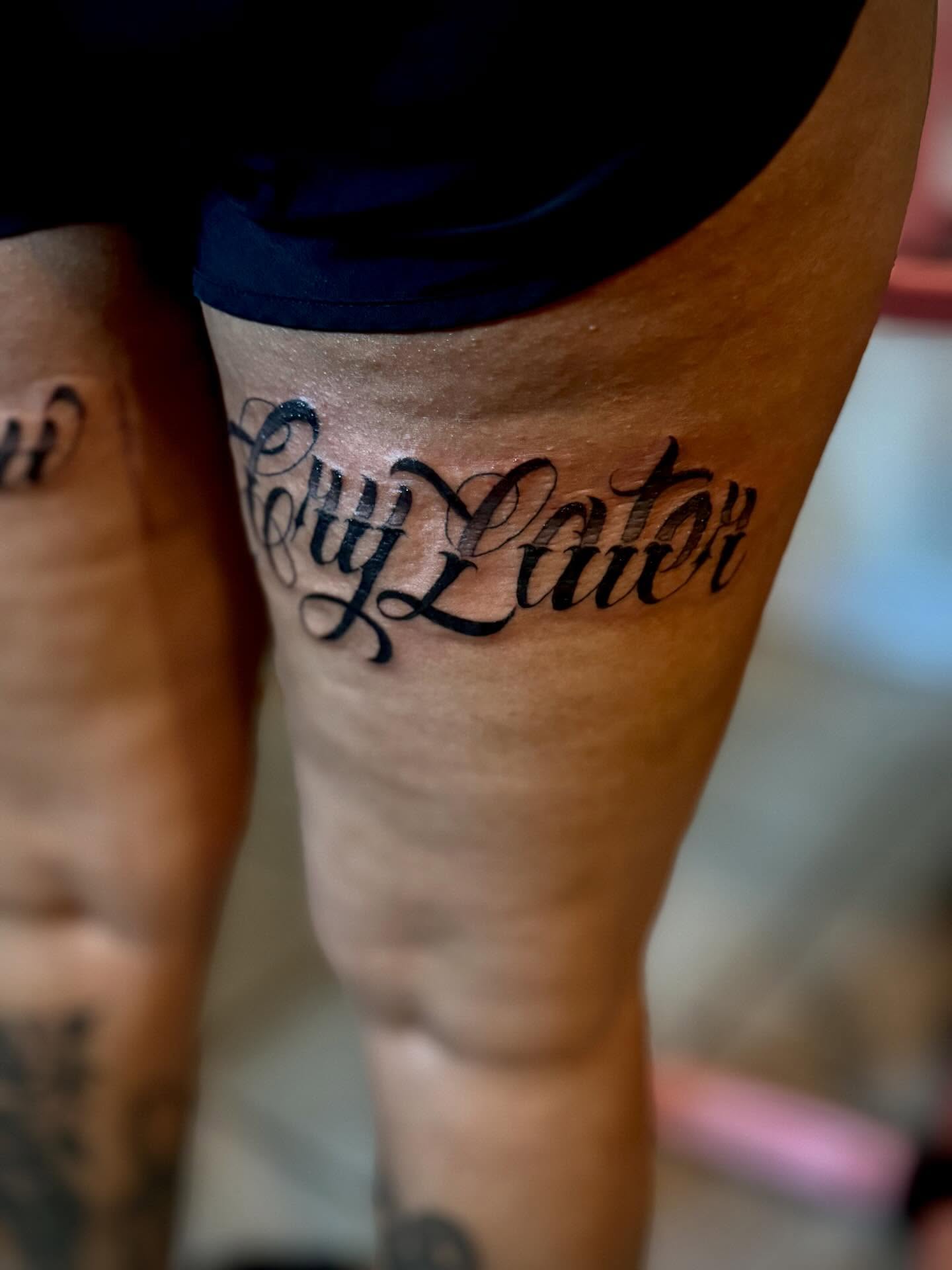 Script lettering lettering script tattoo on the leg by Katelyn Arnold